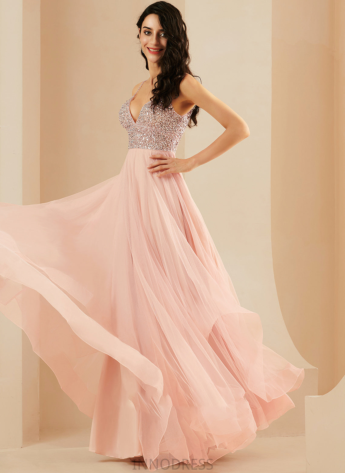 V-neck Beading Floor-Length Tulle Prom Dresses A-Line Heidy Sequins With