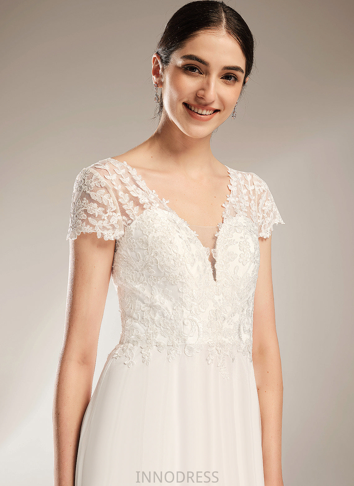 Wedding Lace A-Line With Bow(s) Cloe Court Wedding Dresses Train Chiffon Dress V-neck