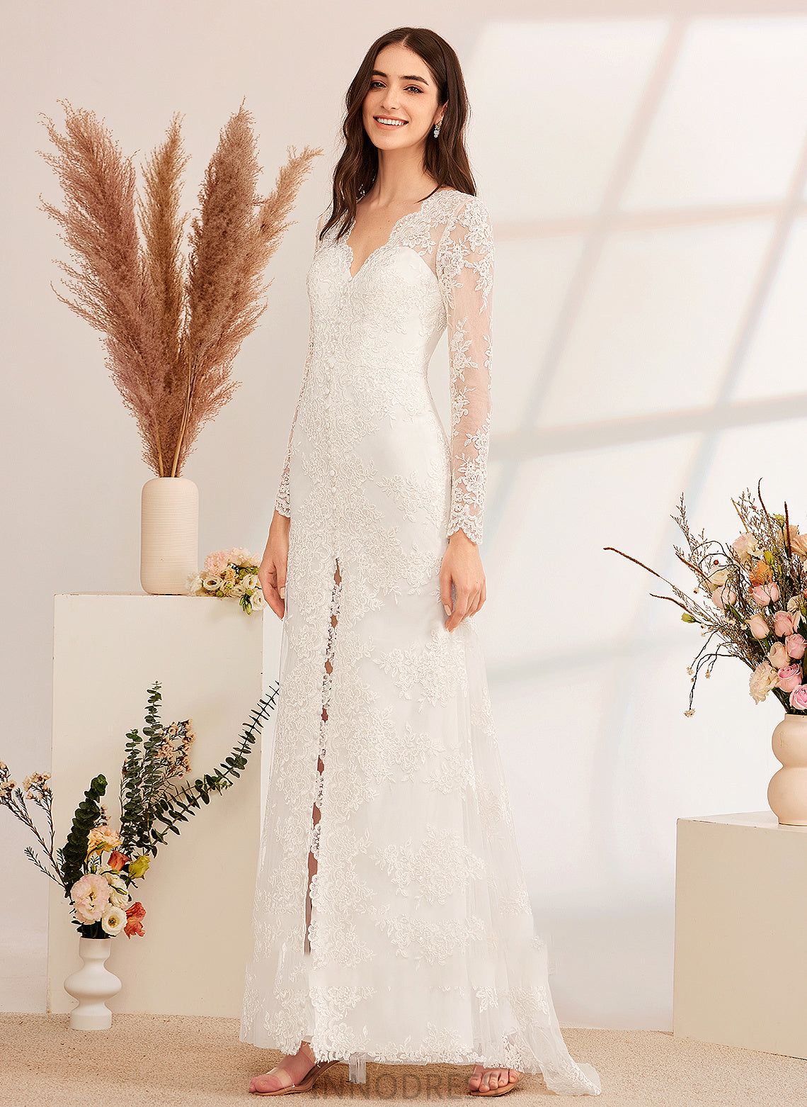 Wedding Sweep Beading Dress V-neck Split Wedding Dresses Elisa Front A-Line Sequins Train With