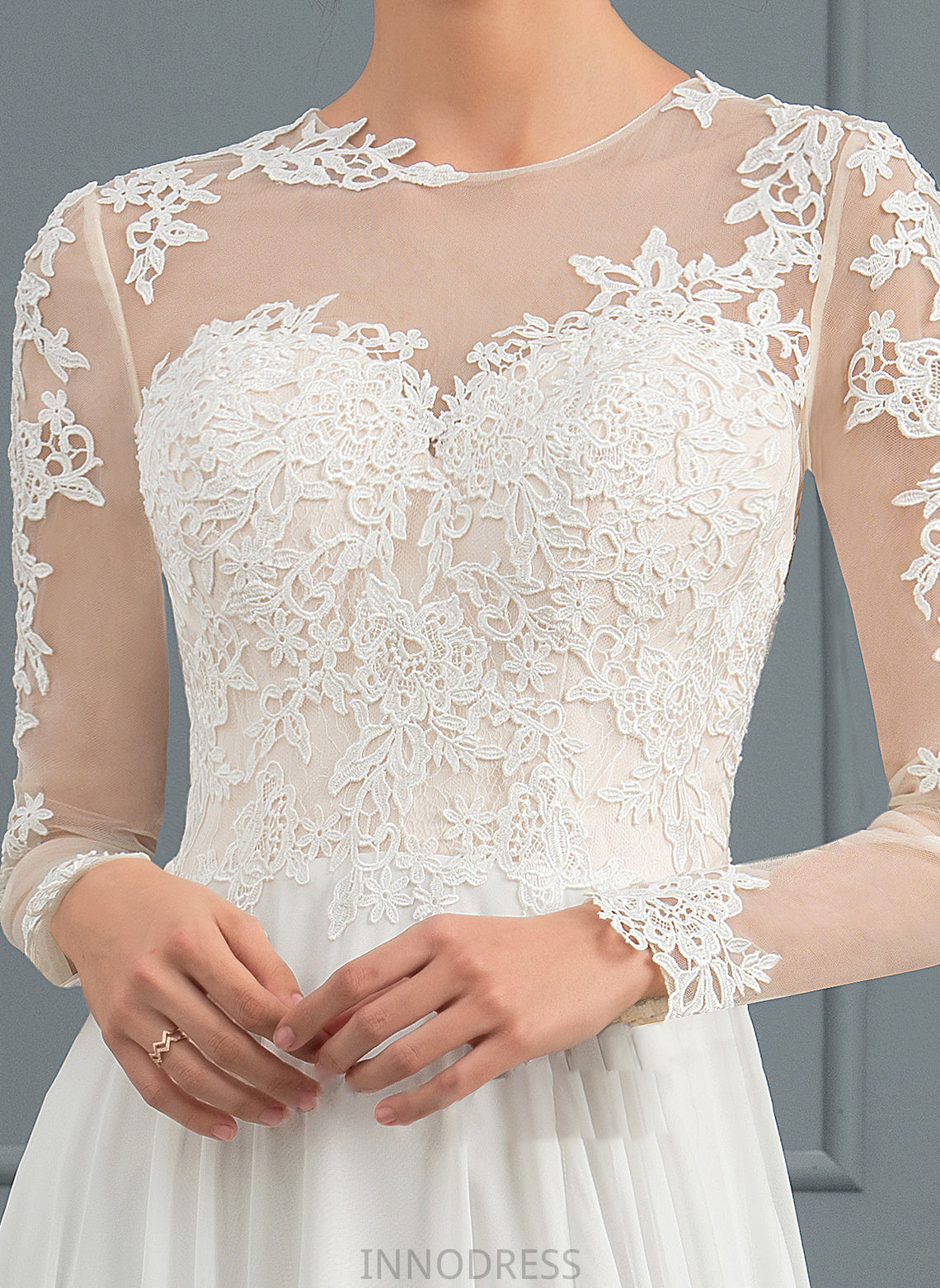 Wedding Dresses Appliques With Train A-Line Chiffon Illusion Dress Split Front Wedding Lace Finley Sweep