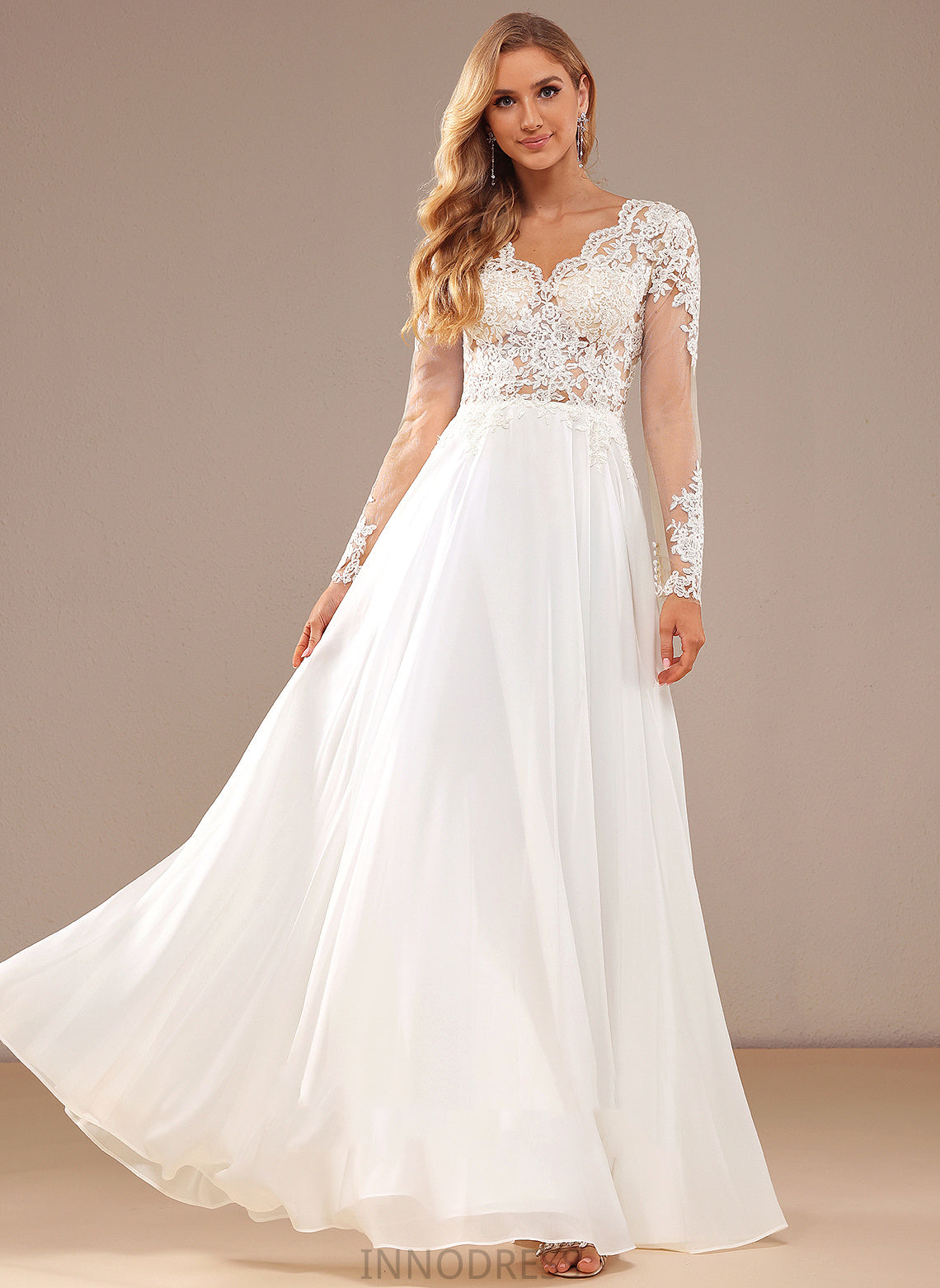 Sequins Wedding Dresses Kristina Chiffon Wedding V-neck A-Line Floor-Length Lace Dress Lace With