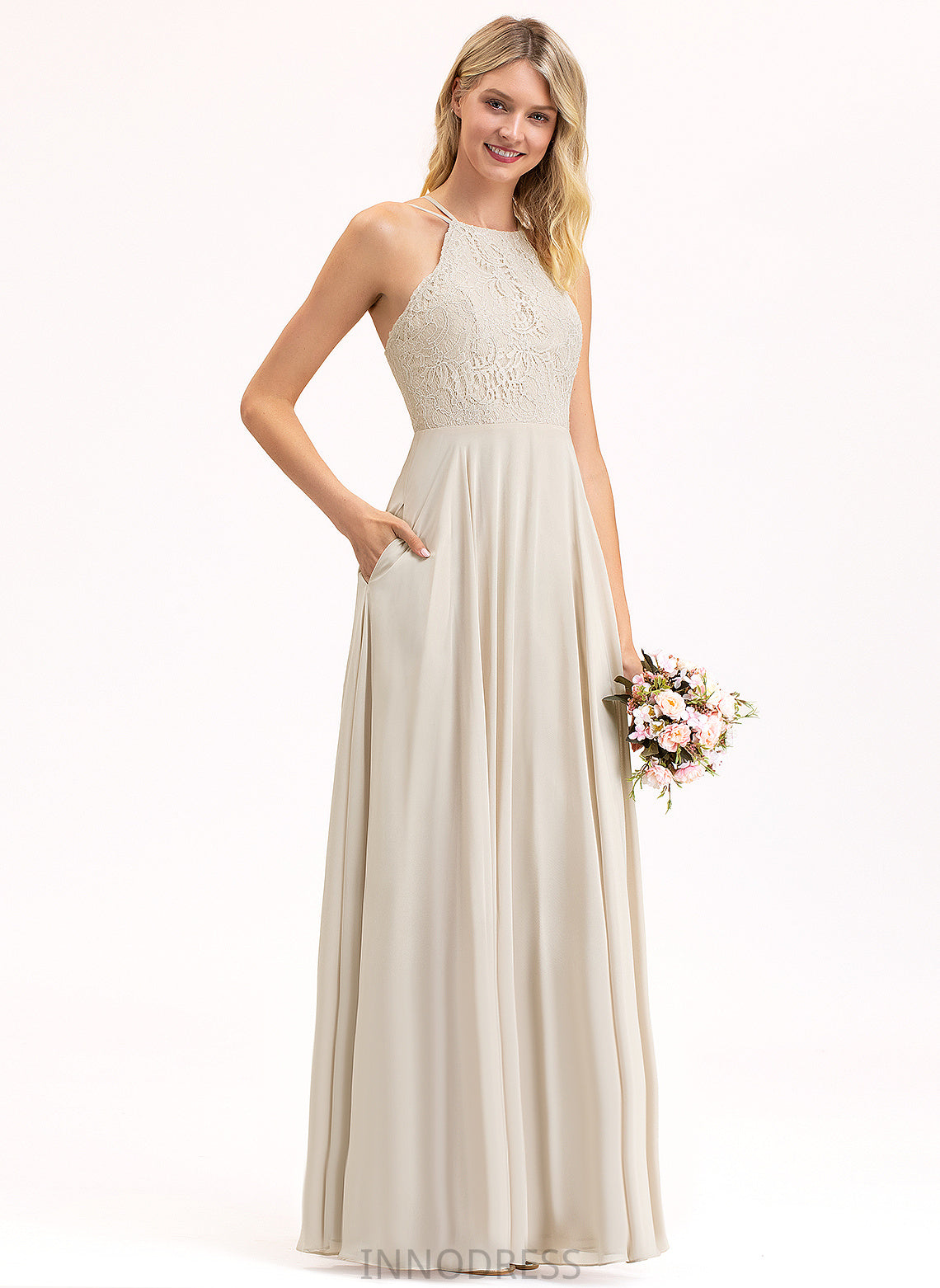 A-Line Fabric Silhouette Floor-Length Length Scoop Lace Neckline Straps&Sleeves Nell Sheath/Column Sleeveless Bridesmaid Dresses