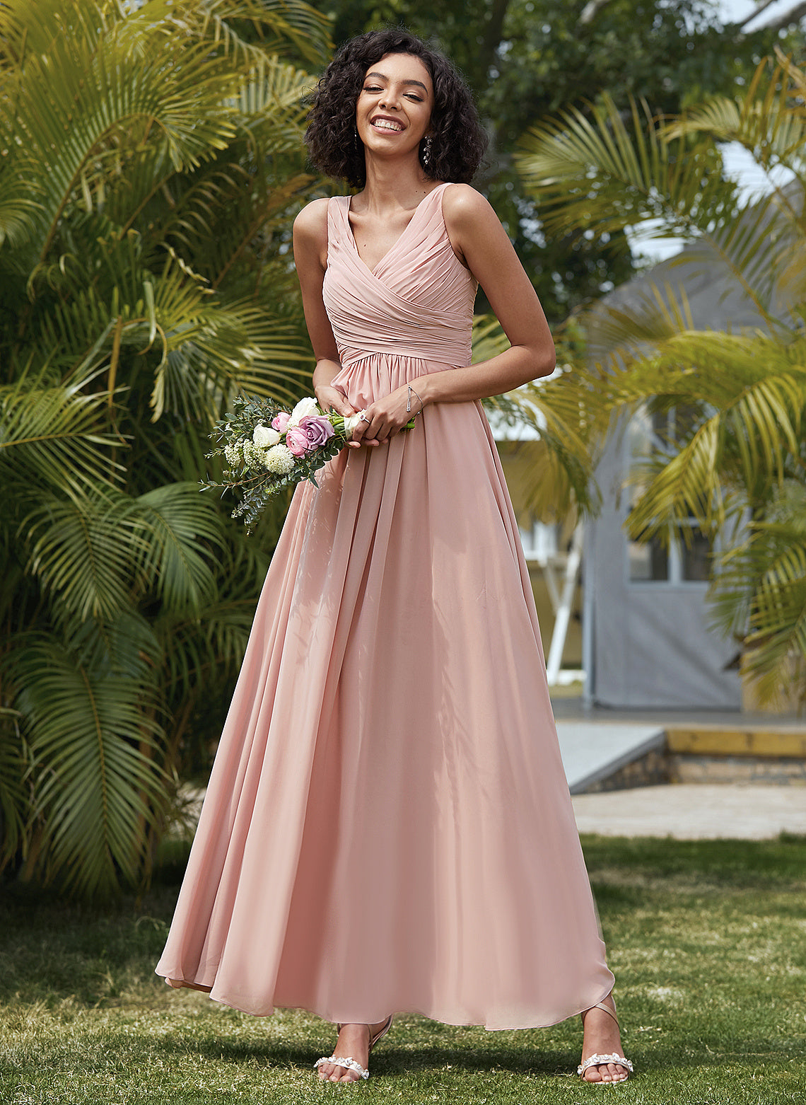 A-Line Fabric Pleated Neckline V-neck Floor-Length Length Silhouette Embellishment Aracely Floor Length A-Line/Princess Bridesmaid Dresses