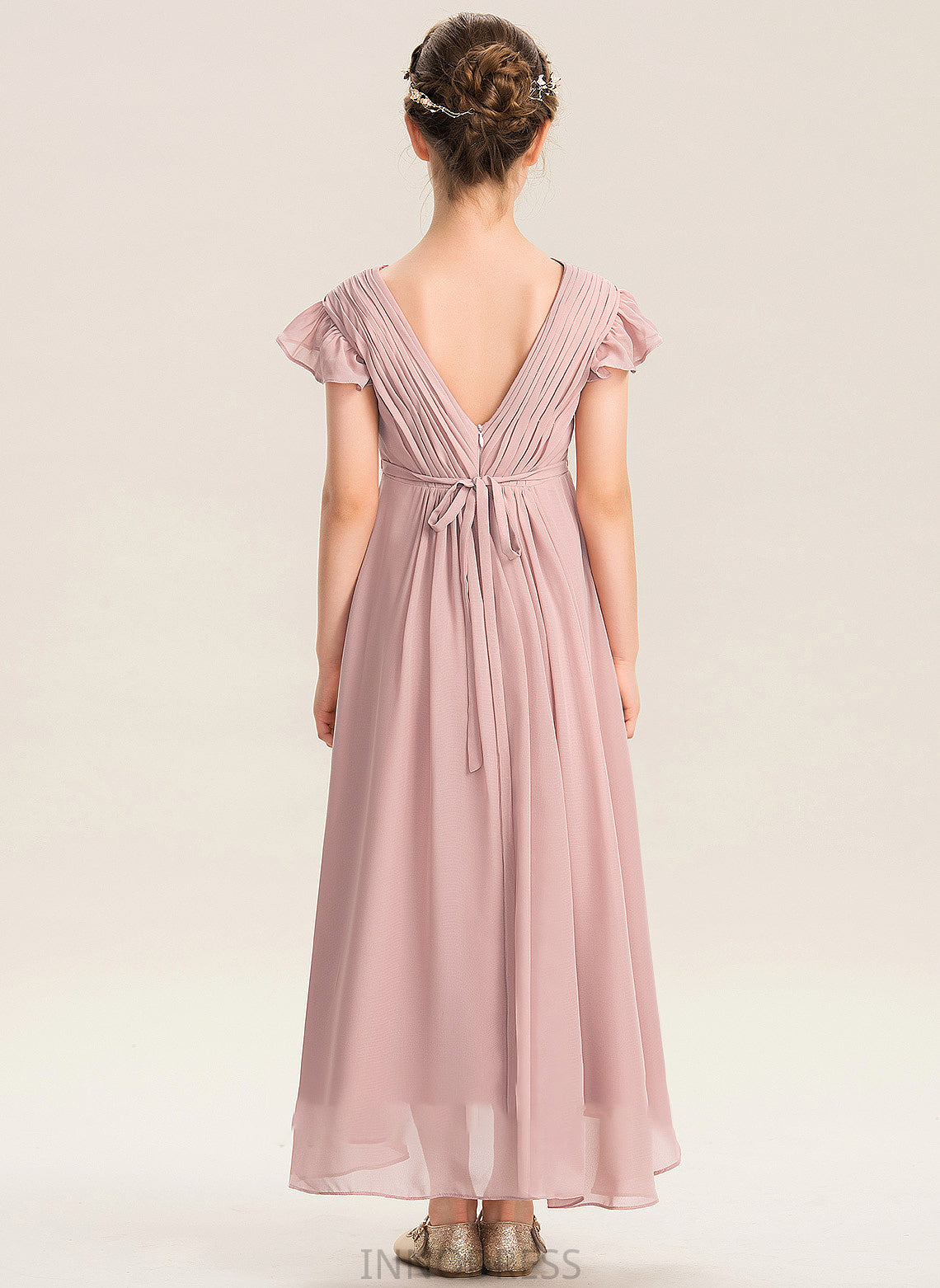 Ruffles Cascading Bow(s) With Chiffon A-Line Asymmetrical V-neck Junior Bridesmaid Dresses Cailyn