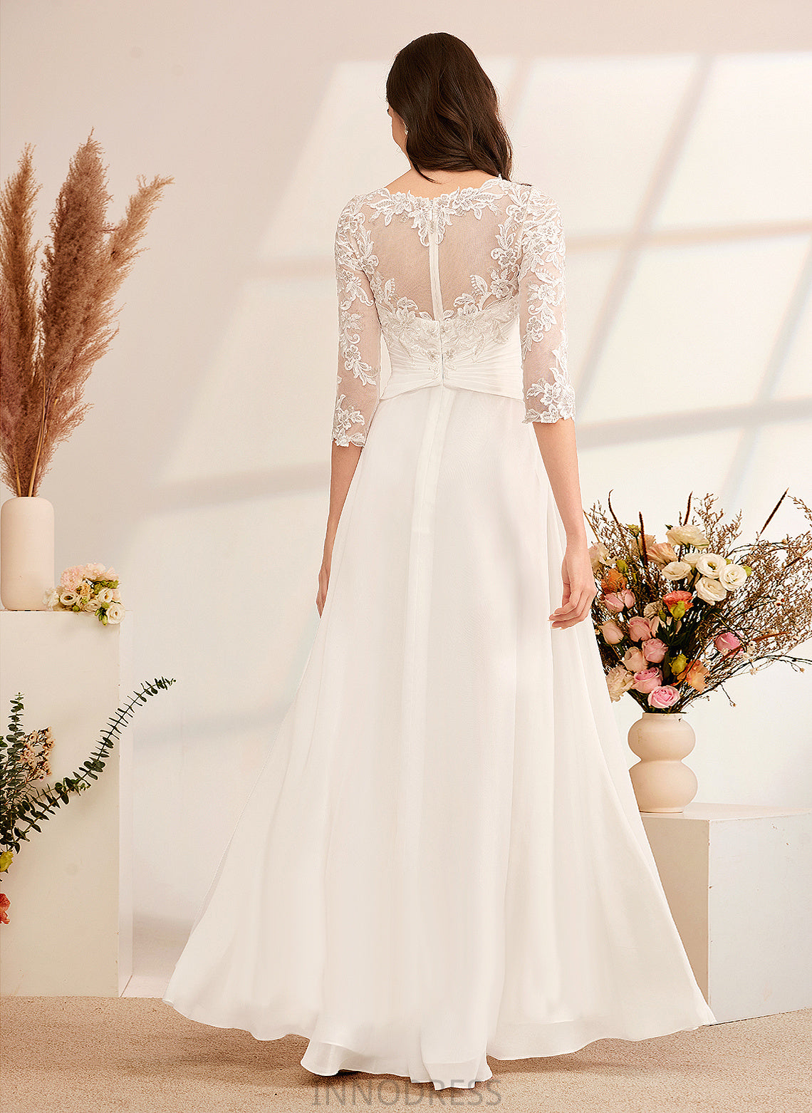 Illusion With Wedding A-Line Dress Wedding Dresses Beading Lace Chiffon Natasha Floor-Length Ruffle