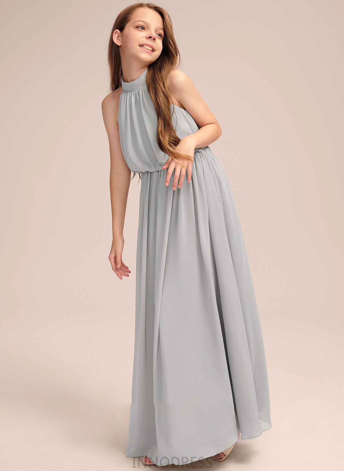 A-Line High Keely Neck Chiffon Junior Bridesmaid Dresses Ruffle With Floor-Length