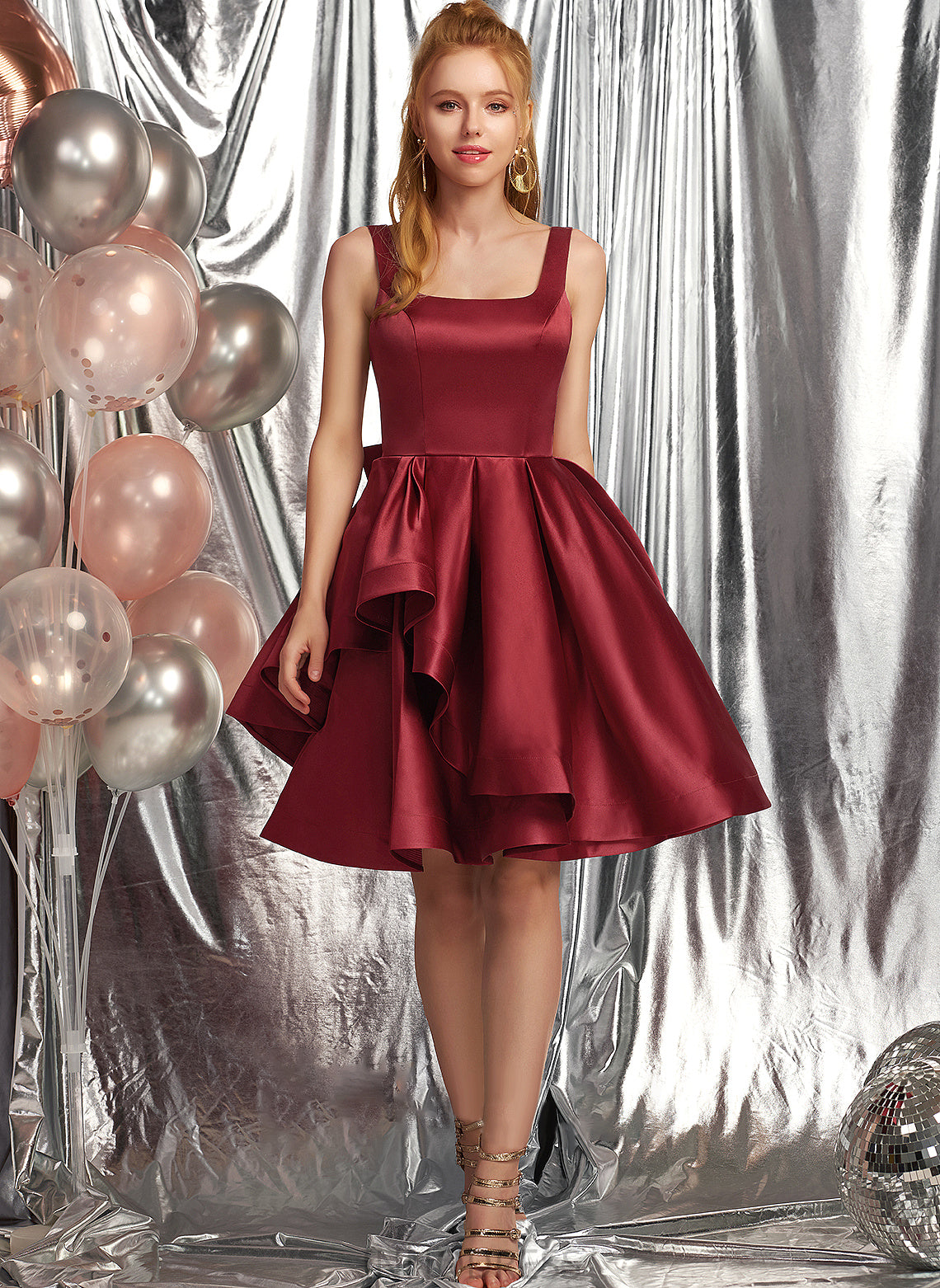 Prom Dresses A-Line Dixie Satin Bow(s) Ruffles With Square Cascading Knee-Length Neckline