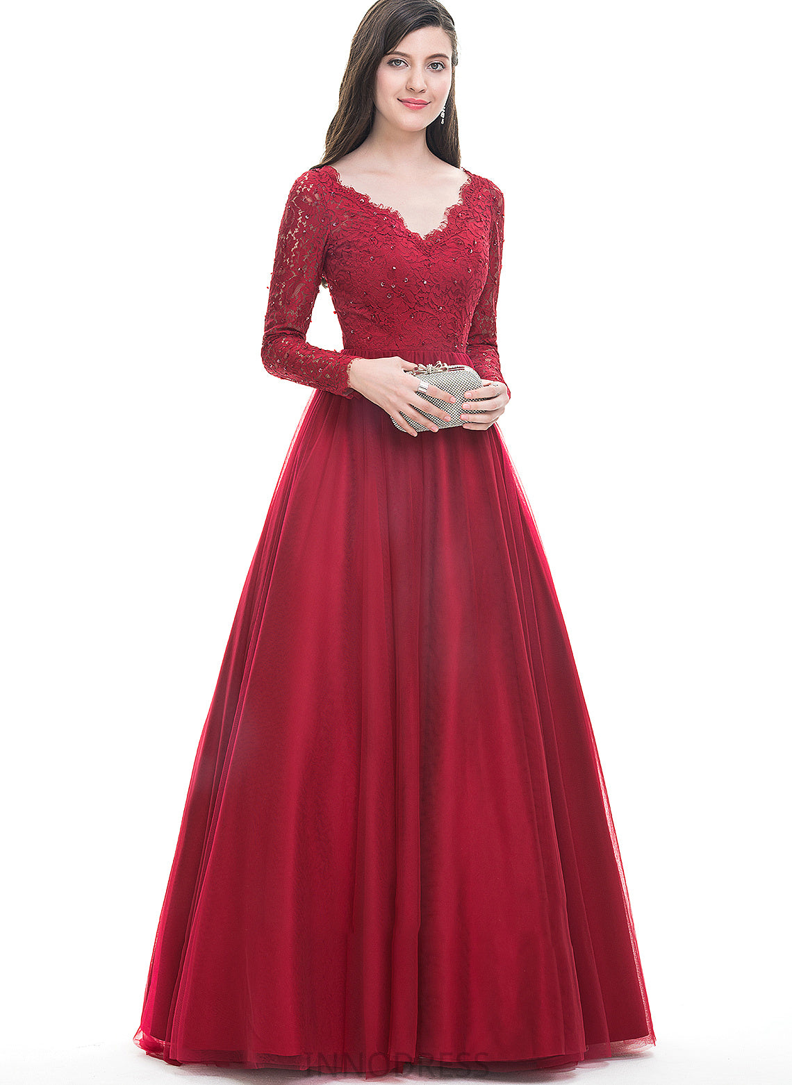 With Sequins V-neck Ball-Gown/Princess Prom Dresses Floor-Length Adyson Tulle Beading