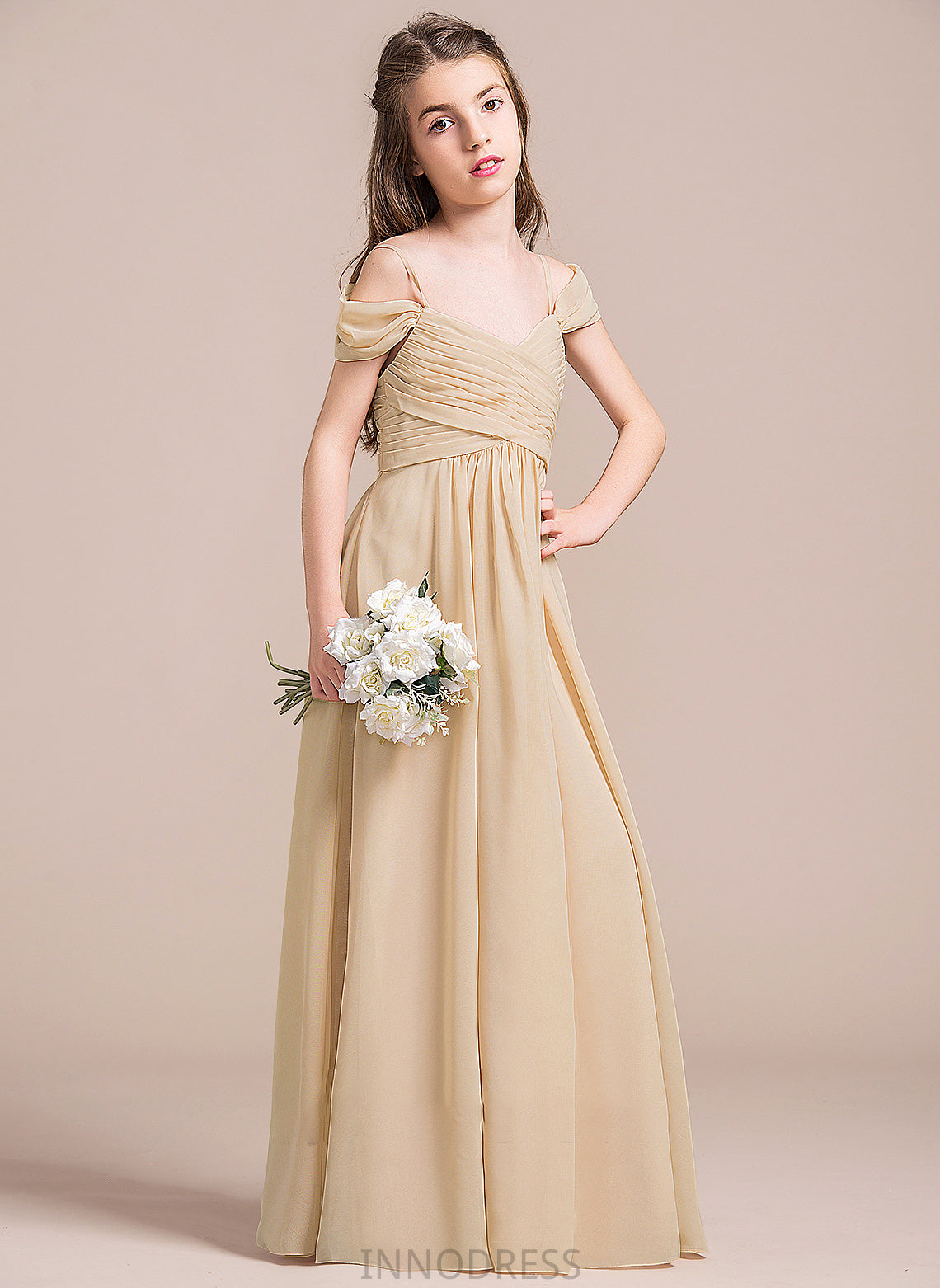 Chiffon Floor-Length A-Line Ruffle Junior Bridesmaid Dresses Off-the-Shoulder With Leslie