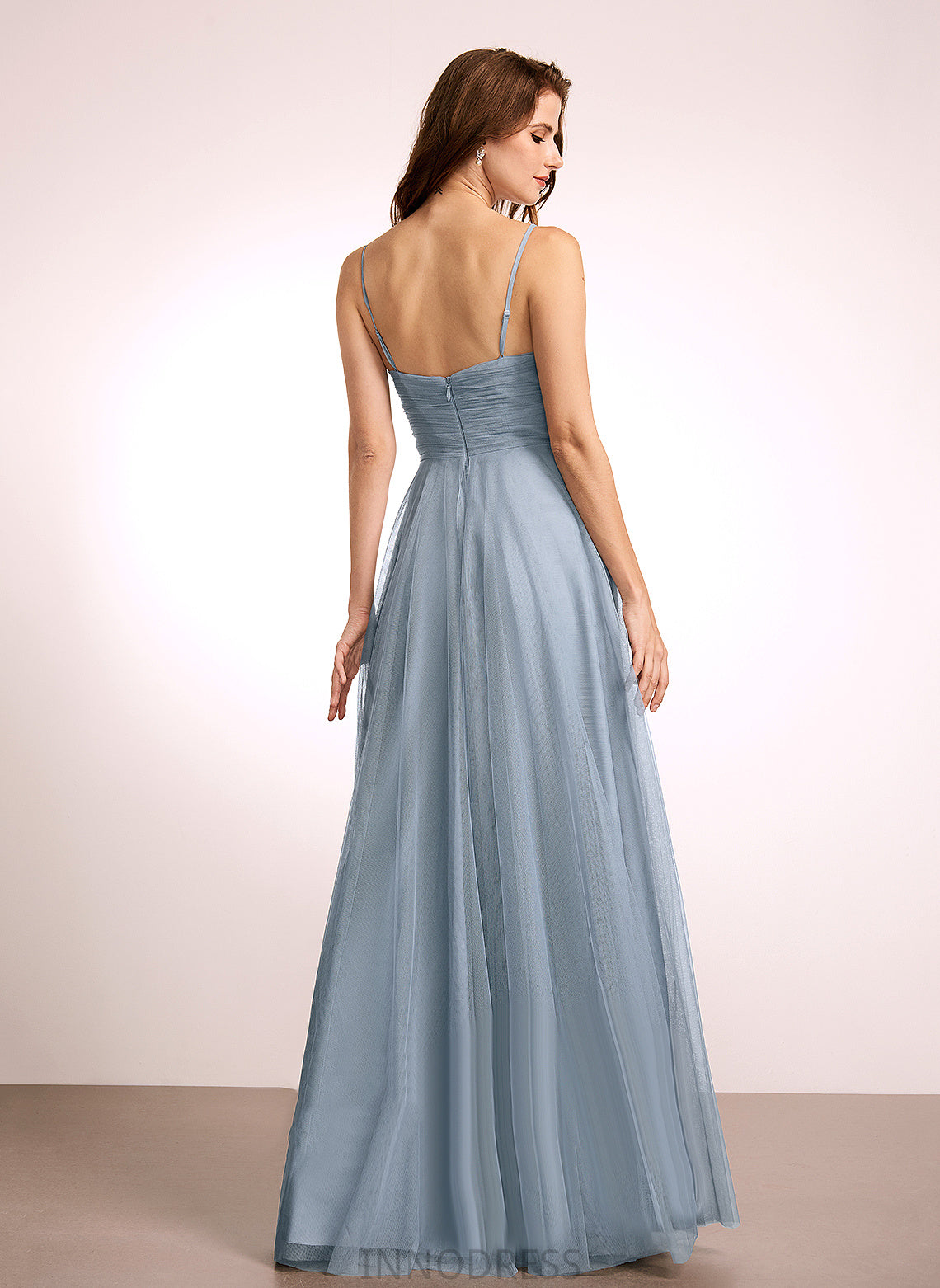 Neckline Fabric Silhouette Lace Length V-neck Tulle Floor-Length Straps&Sleeves A-Line Gertrude Sleeveless Bridesmaid Dresses