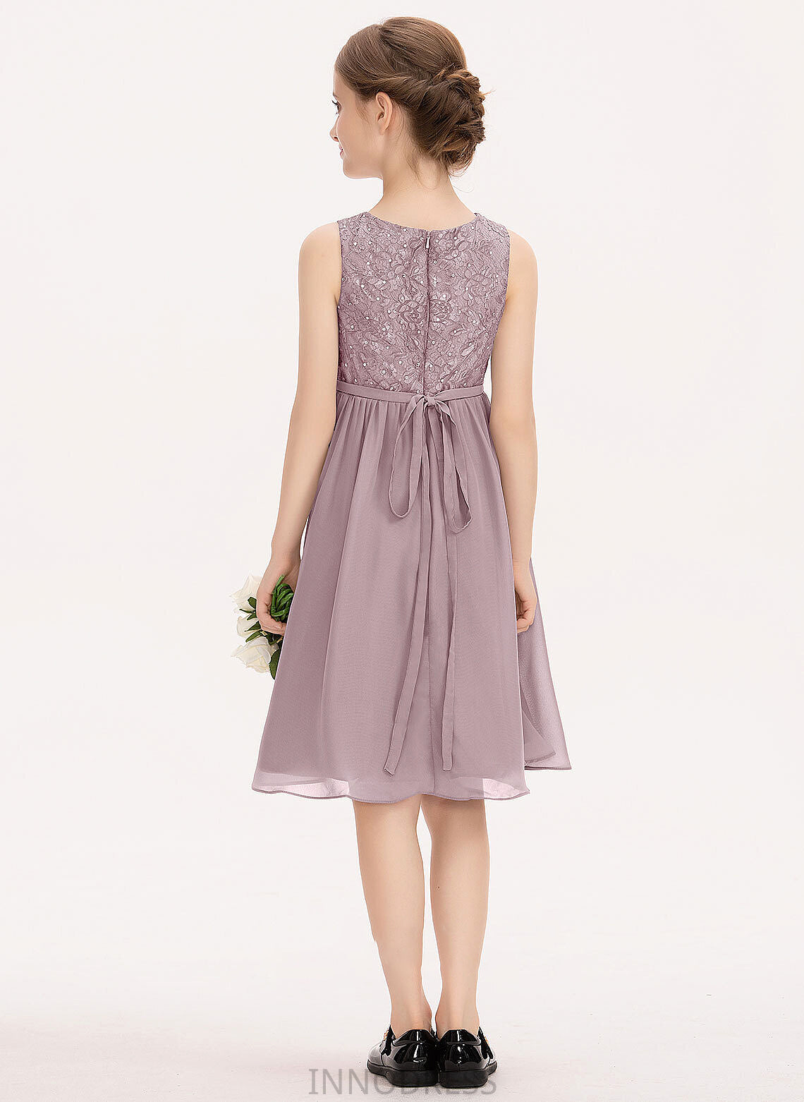 Knee-Length A-Line Chiffon Lace Gretchen Junior Bridesmaid Dresses Scoop With Bow(s) Neck Beading