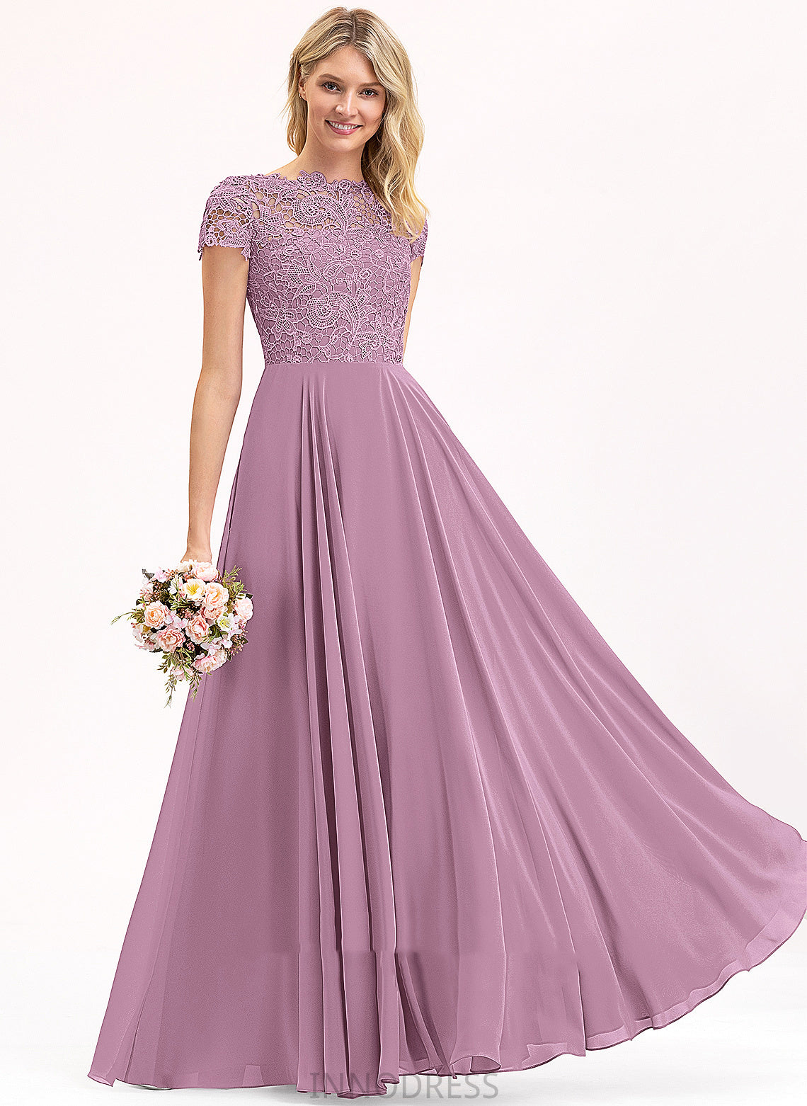 Floor-Length Scoop Fabric Silhouette Lace Straps&Sleeves Neckline A-Line Length Adeline Cap Sleeves Natural Waist Bridesmaid Dresses