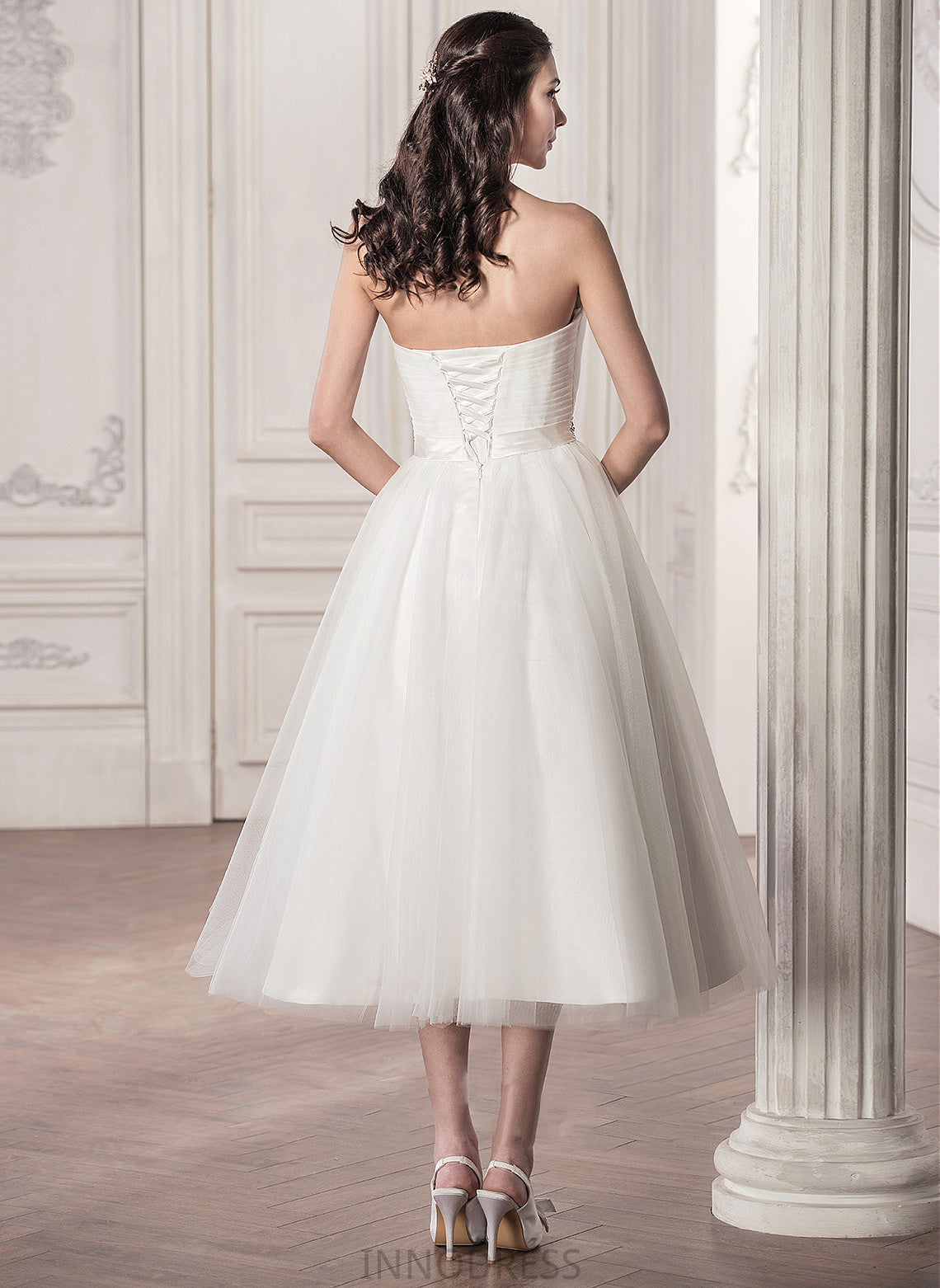 Ruffle Wedding Dresses With Wedding Sequins Sweetheart Beading Tea-Length A-Line Tulle Dress Serena