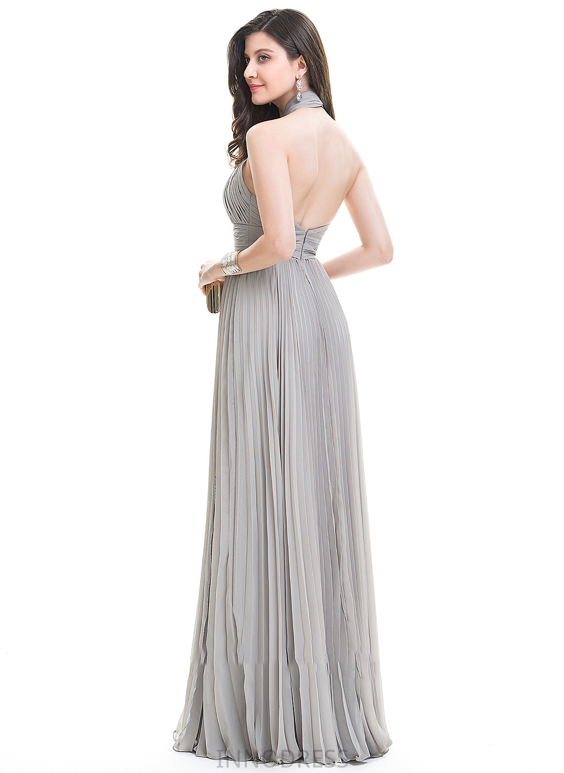 Halter Chiffon Prom Dresses Floor-Length A-Line With Pleated Ashley Split Front