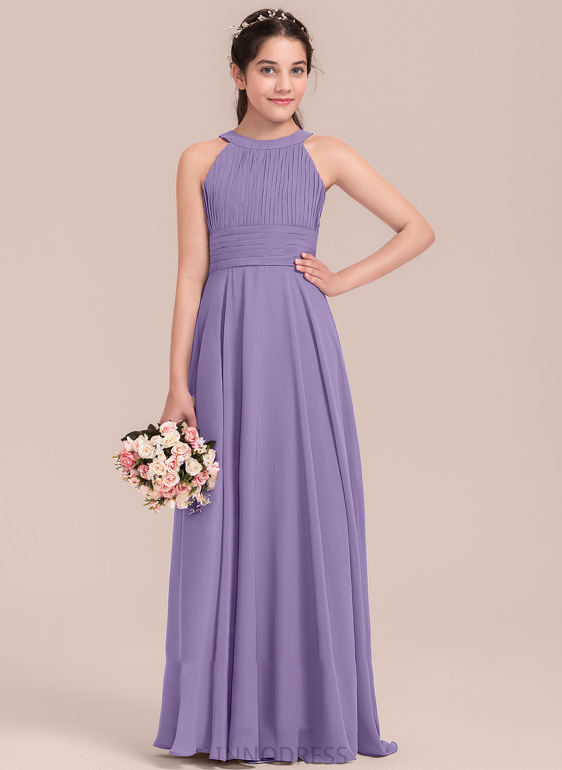 Briana Ruffle Scoop With Neck Junior Bridesmaid Dresses A-Line Floor-Length Chiffon