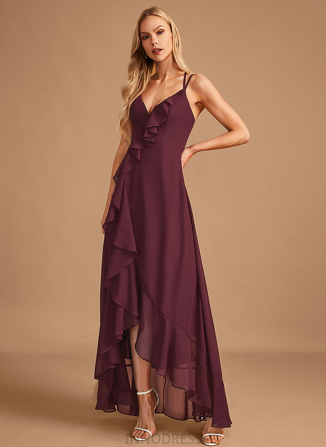 Silhouette V-neck Fabric SplitFront A-Line Asymmetrical Neckline Length Embellishment Ruffle Kristina Sleeveless Bridesmaid Dresses