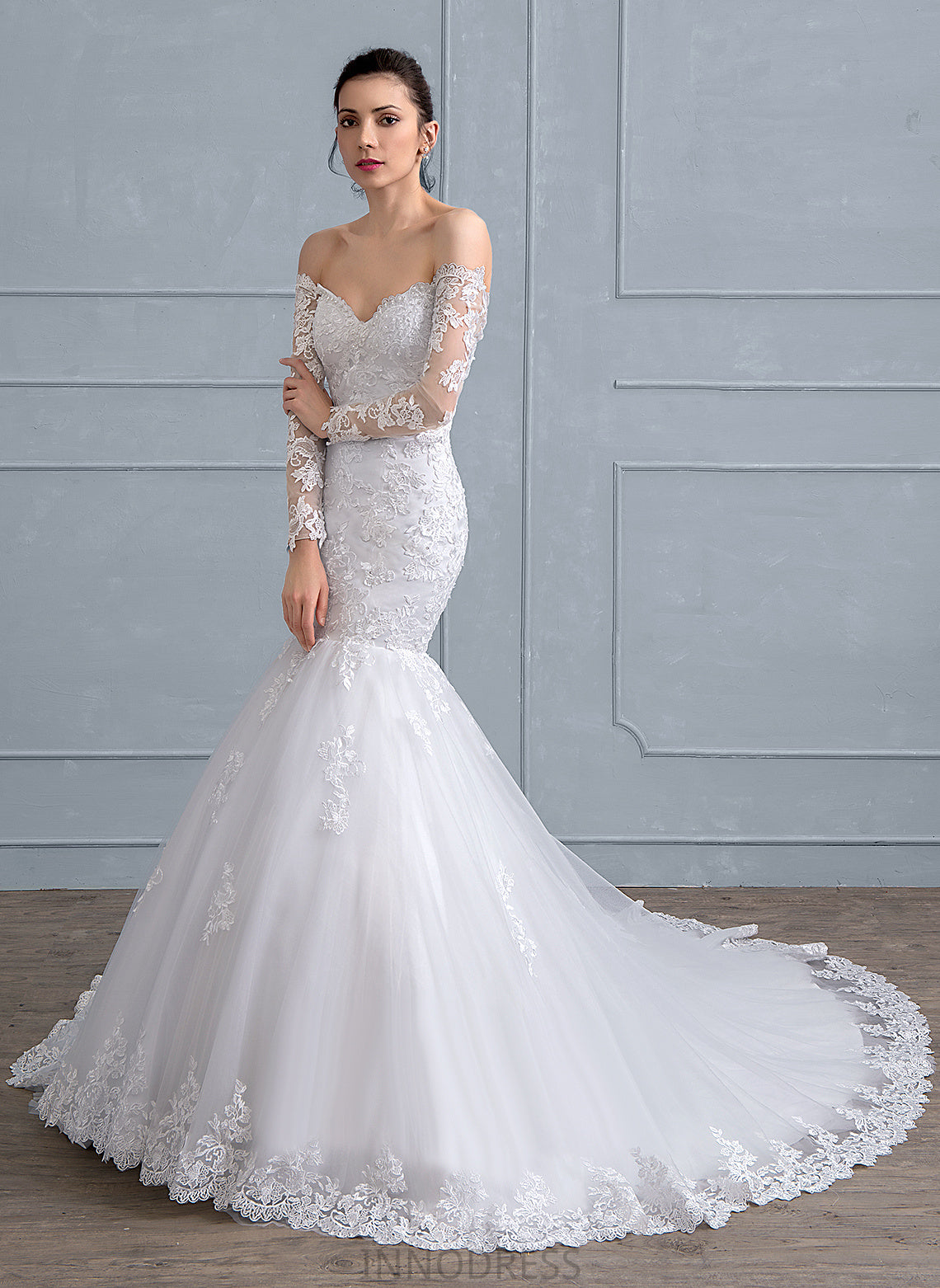 Court Tulle Wedding Dresses With Trumpet/Mermaid Beading Dress Off-the-Shoulder Sequins Lace Train Ainsley Wedding