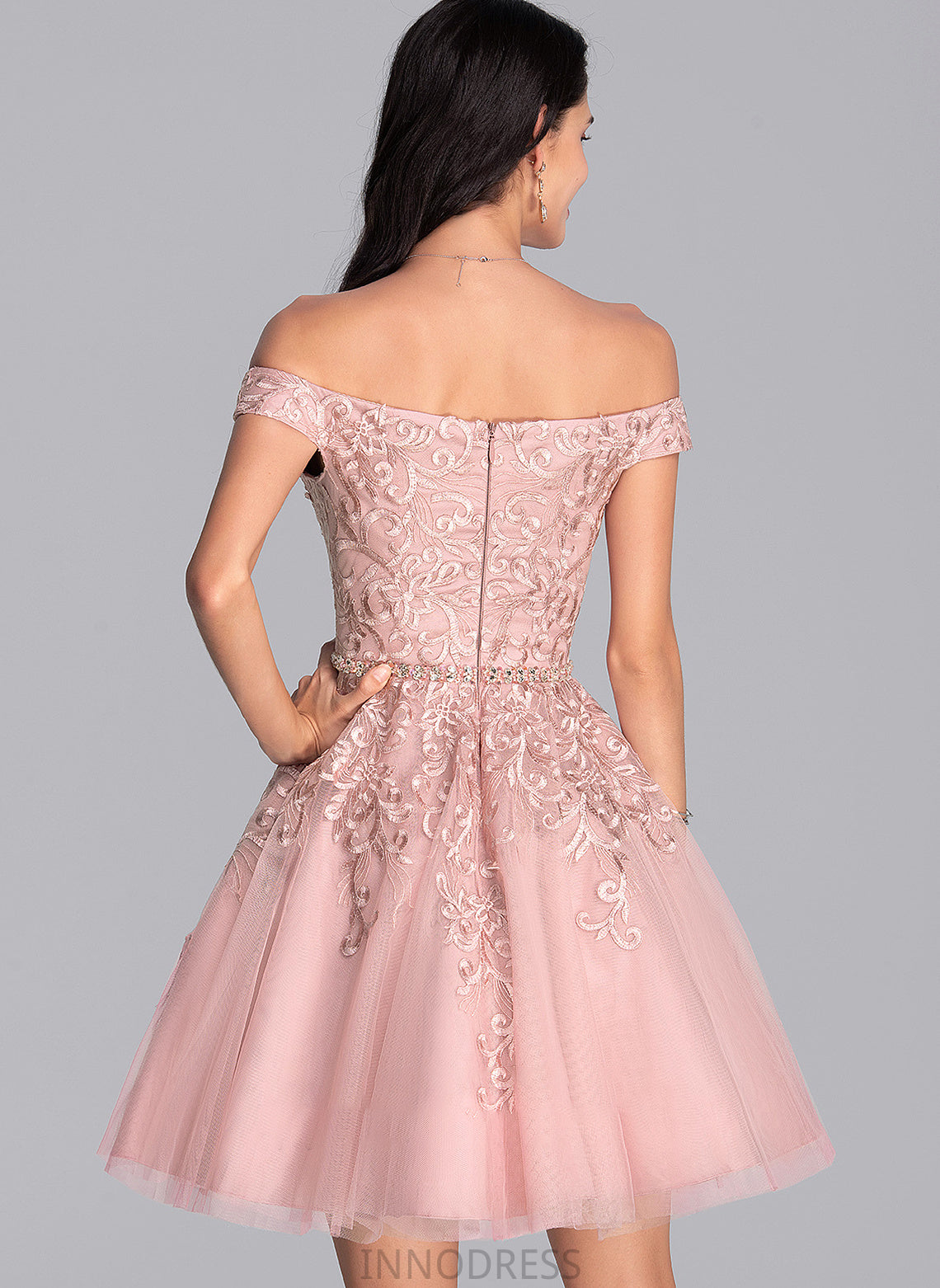 Tulle Prom Dresses Short/Mini Sequins Off-the-Shoulder With Abigayle Beading A-Line