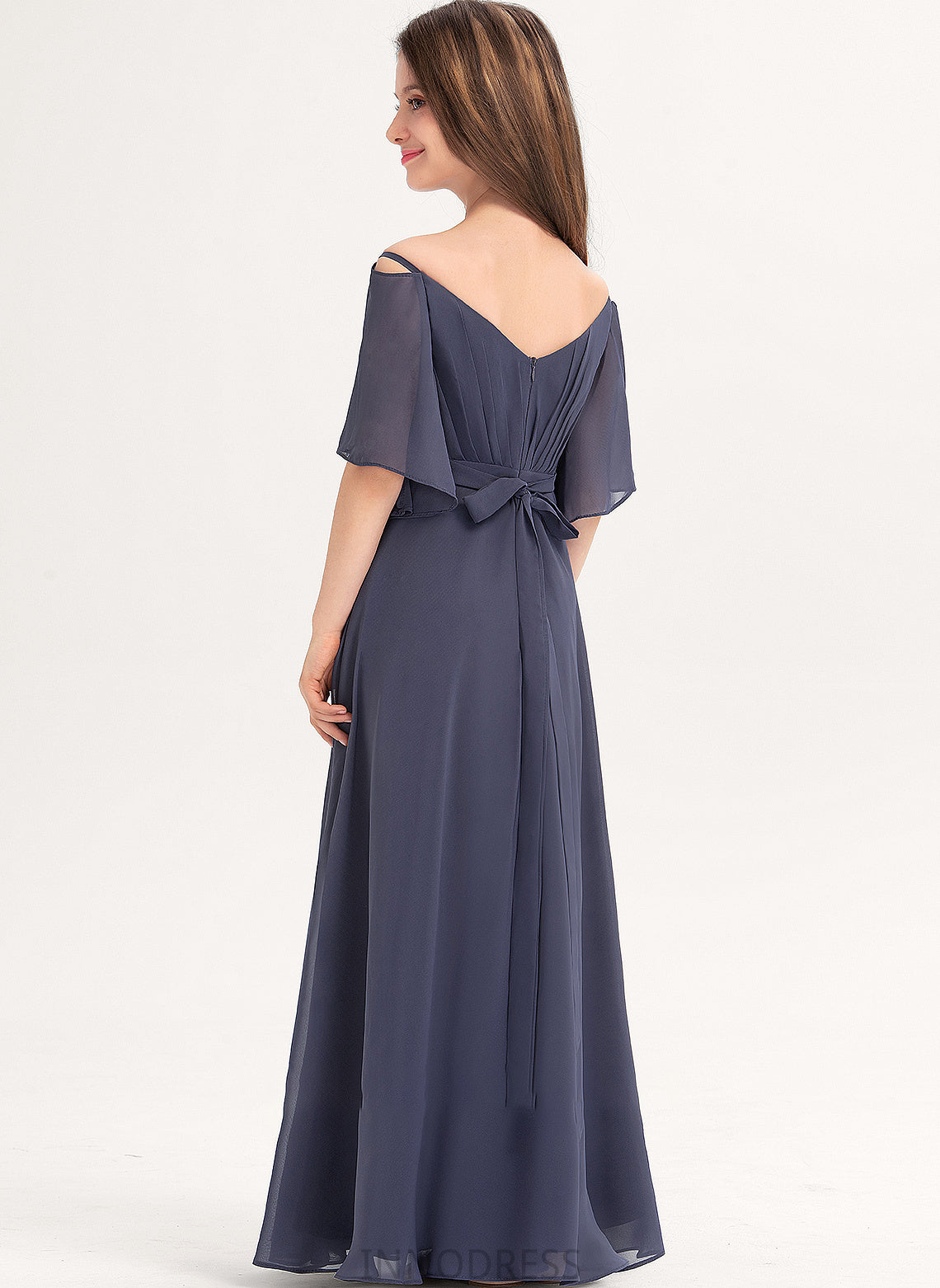 With A-Line Junior Bridesmaid Dresses Off-the-Shoulder Bow(s) Areli Floor-Length Ruffle Chiffon