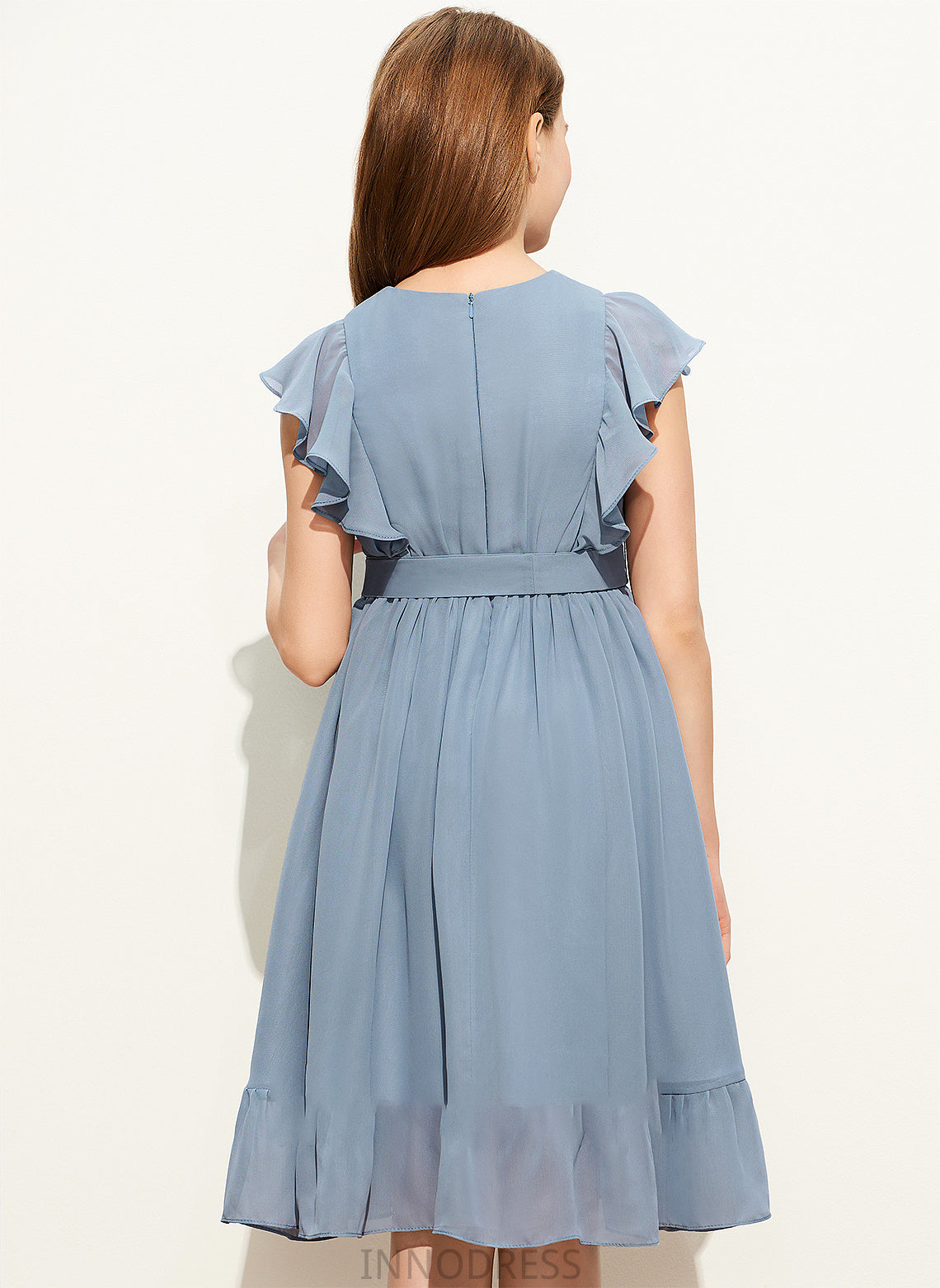 With Knee-Length Scoop Chiffon Cascading Bow(s) A-Line Yuliana Ruffles Neck Junior Bridesmaid Dresses