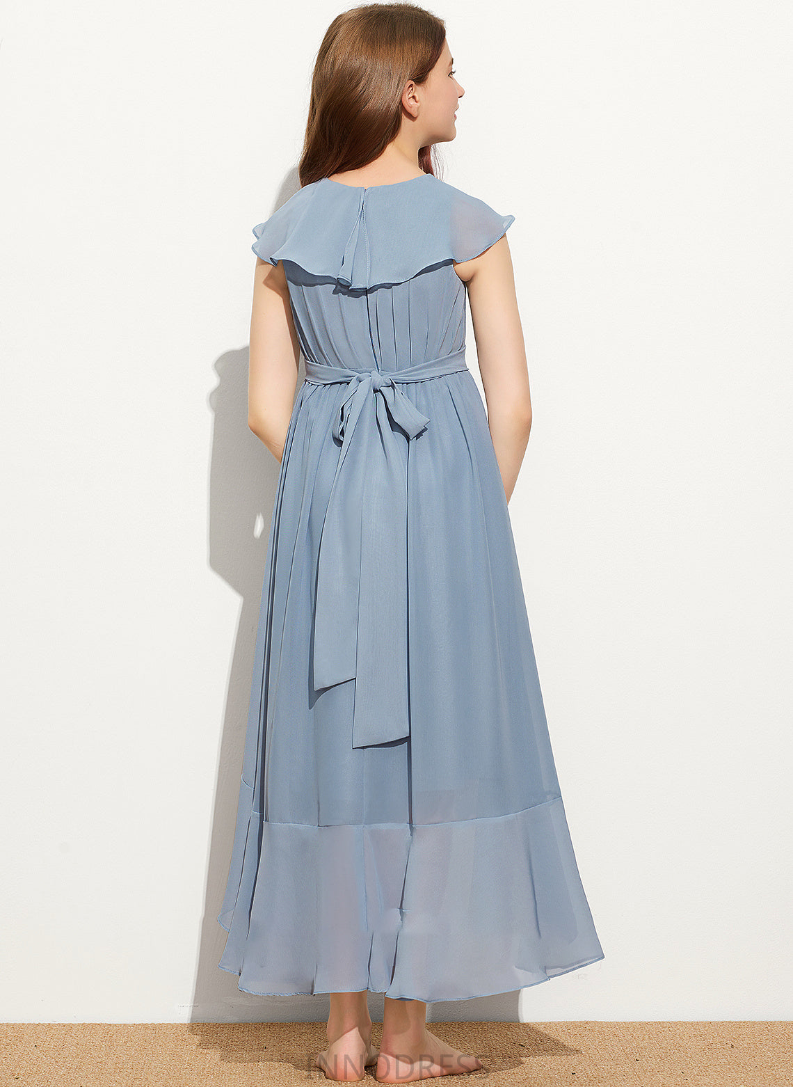 Chiffon Bow(s) V-neck With Danica Ruffles Asymmetrical A-Line Junior Bridesmaid Dresses Cascading