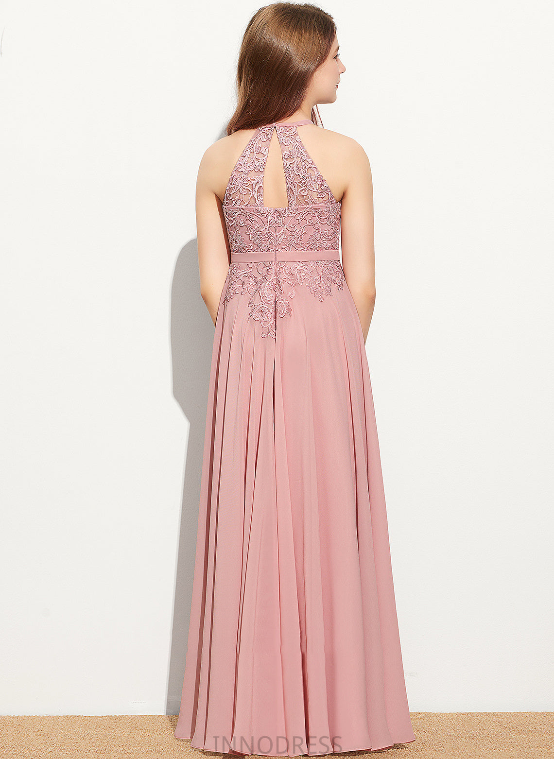 Ann Neck Lace Junior Bridesmaid Dresses A-Line Chiffon Floor-Length Scoop