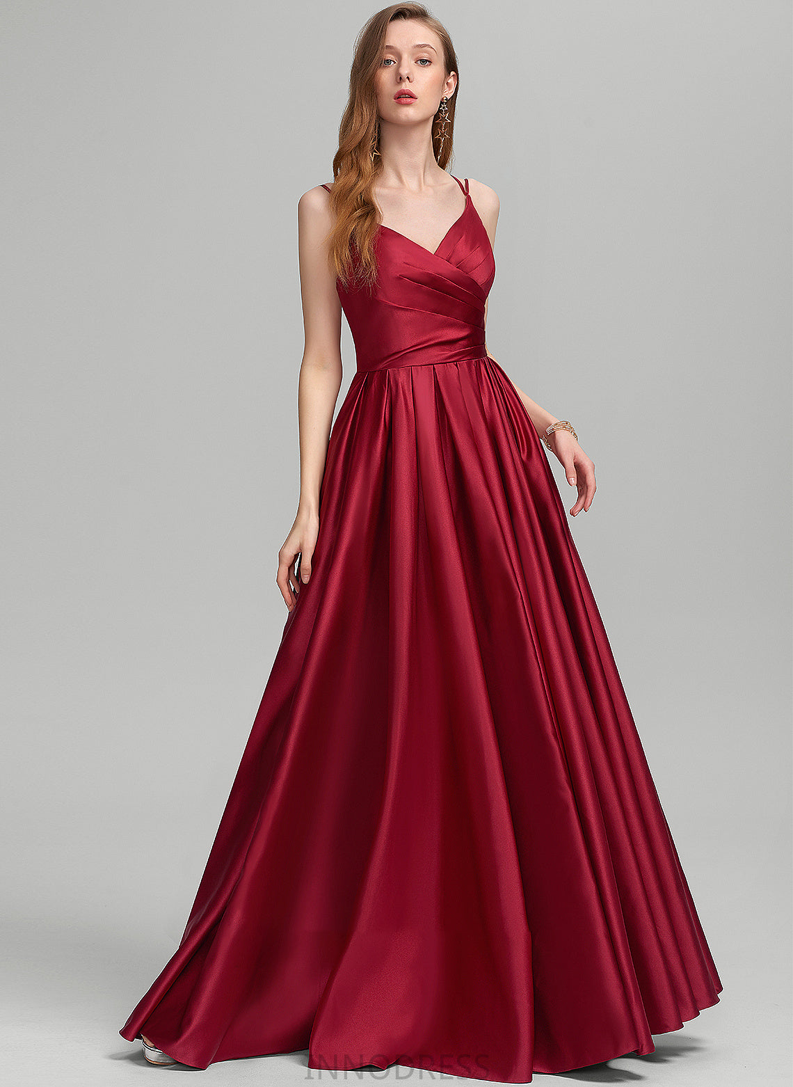 V-neck Mira Floor-Length Ruffle Satin Pockets With Prom Dresses A-Line