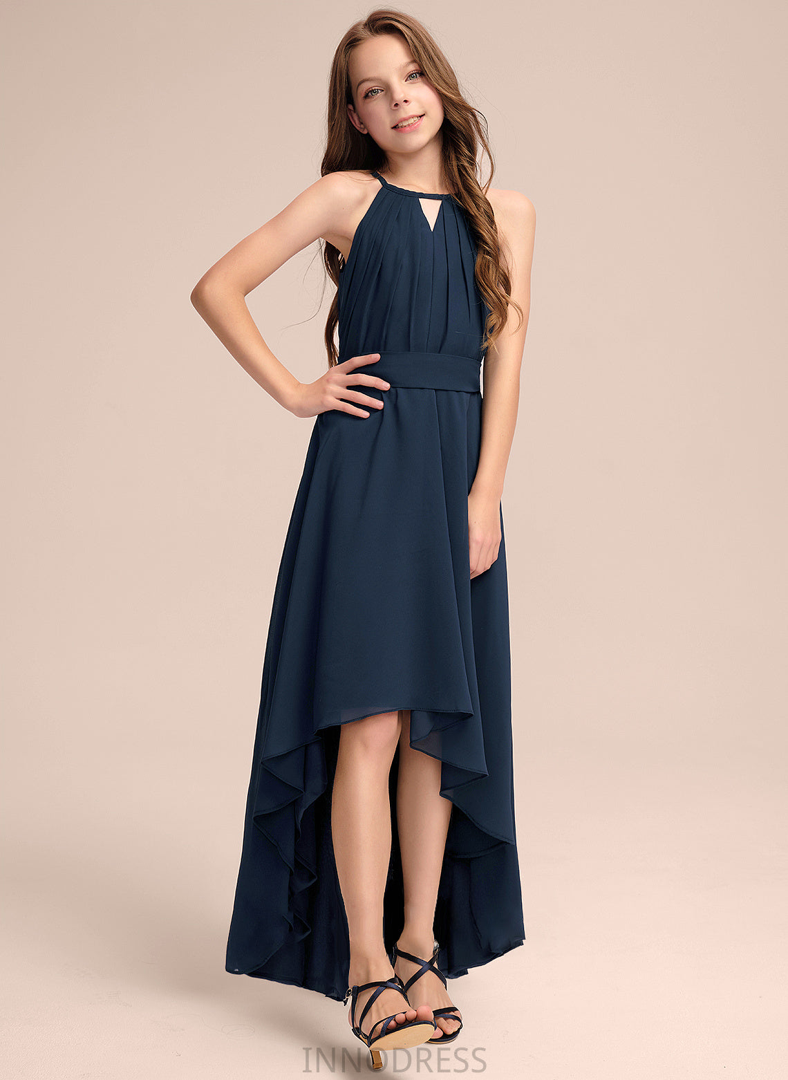 A-Line Asymmetrical Neck With Bow(s) Chiffon Junior Bridesmaid Dresses Adison Ruffles Scoop