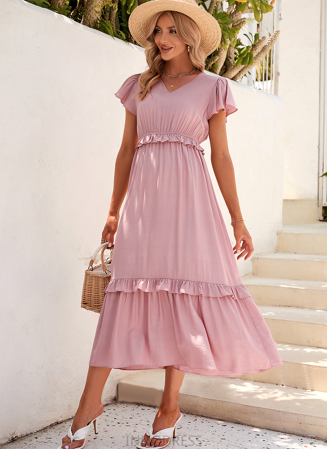 A-Line Tea-Length Straps Polyester Length Neckline V-neck Fabric Silhouette Sarai V-Neck Sleeveless Bridesmaid Dresses