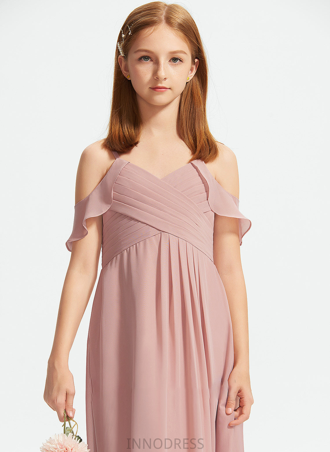 Off-the-Shoulder With Ryan Floor-Length Chiffon Junior Bridesmaid Dresses A-Line Ruffles Cascading