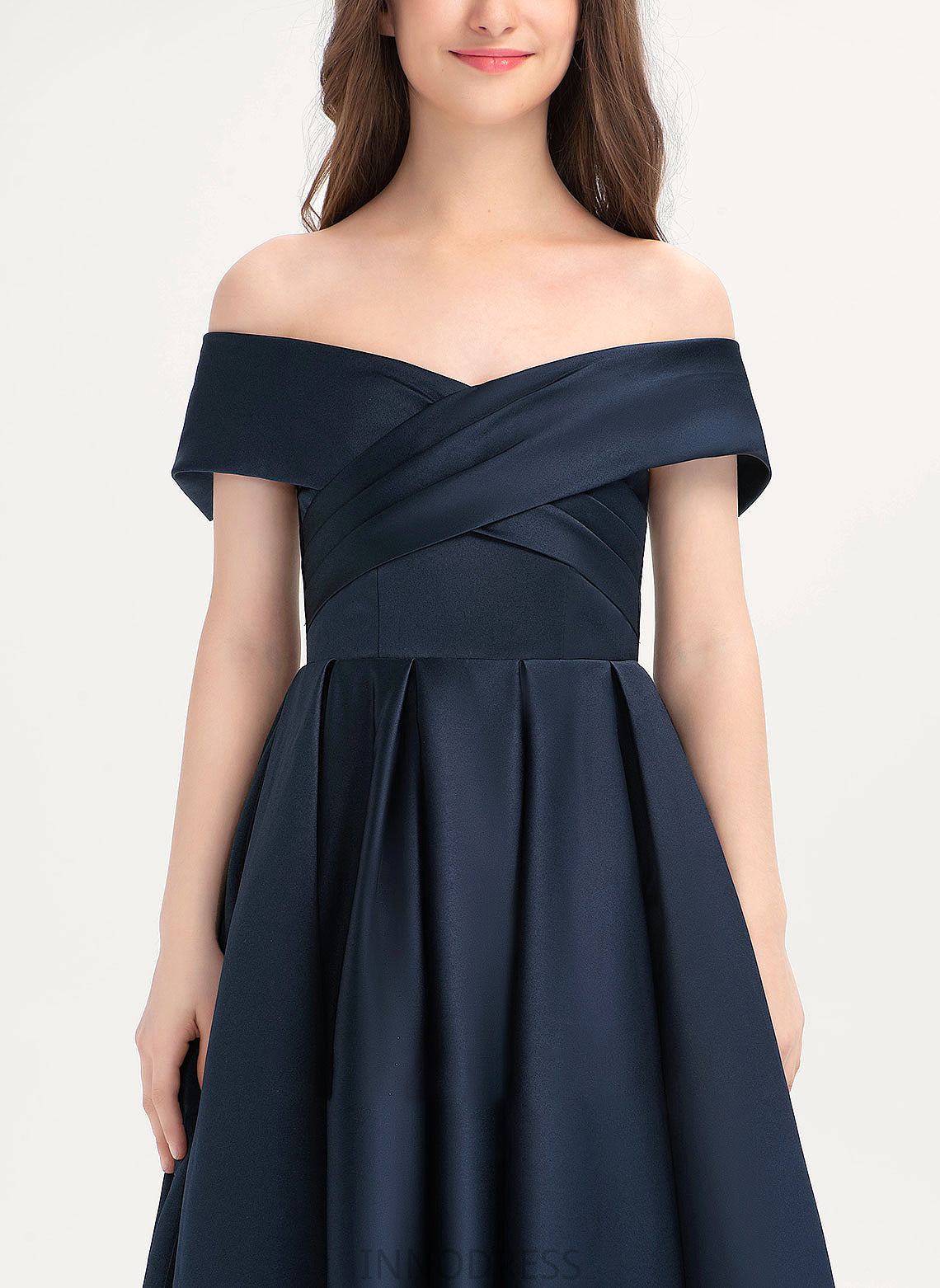 Jazlene Tea-Length Ruffle Junior Bridesmaid Dresses Satin A-Line With Off-the-Shoulder Pockets