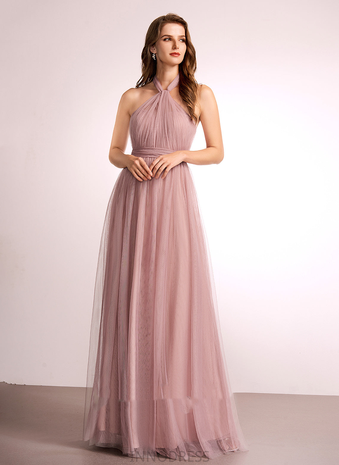 Fabric One-Shoulder Off-the-Shoulder Neckline A-Line Floor-Length Tulle Straps Silhouette V-neck Length Emmalee Bridesmaid Dresses