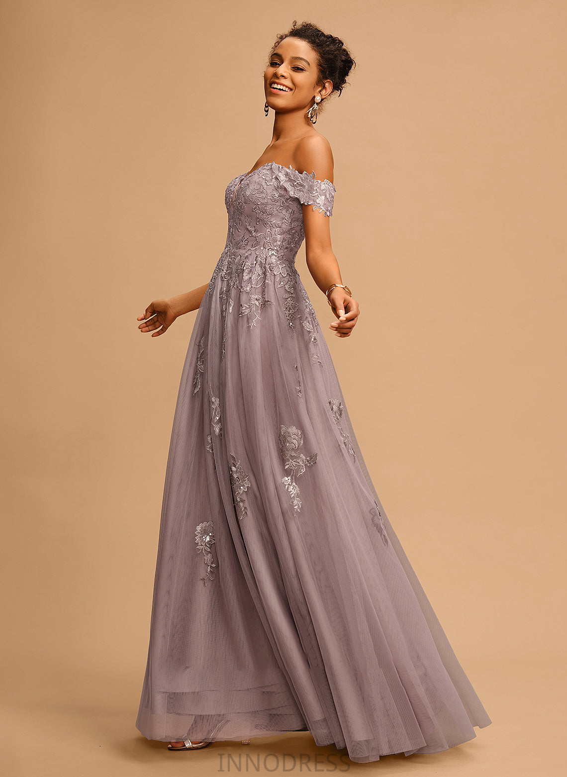 Maeve With A-Line Off-the-Shoulder Floor-Length Tulle Prom Dresses Sequins