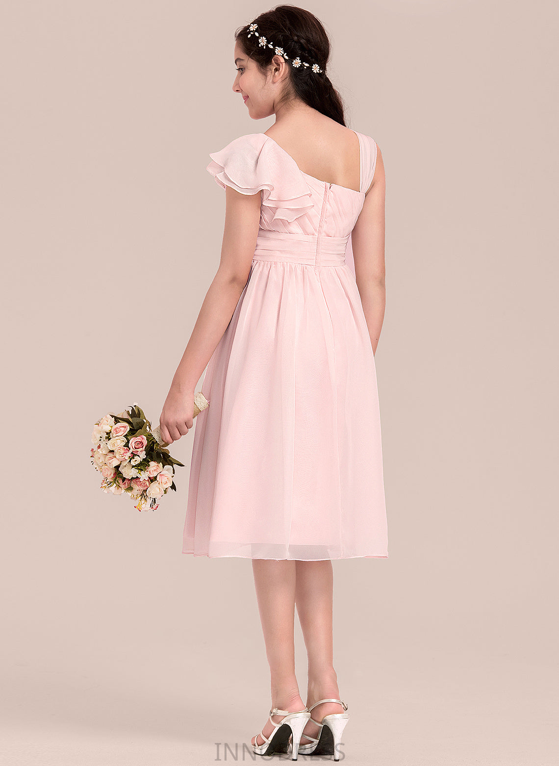 Ruffles Junior Bridesmaid Dresses Chiffon Cascading With V-neck Knee-Length Nathaly A-Line