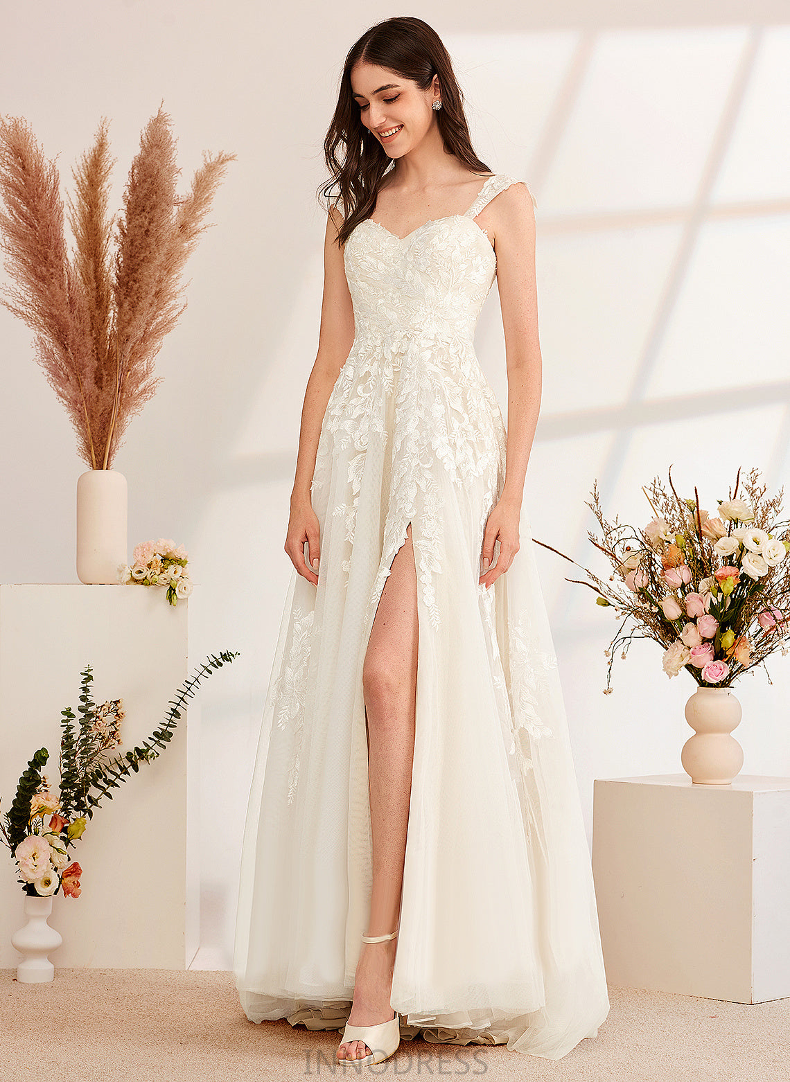 Wedding Train Dress With Beading A-Line Off-the-Shoulder Lace Sequins Wedding Dresses Tulle Sweep Melody