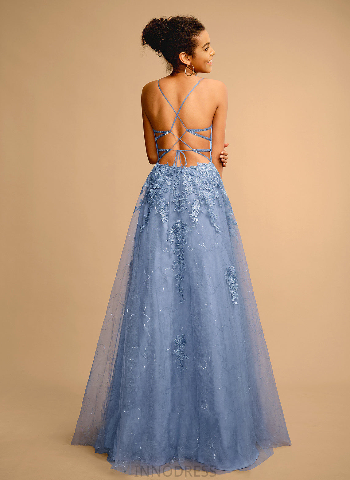 Sequins Aliana Split Tulle Front Square Ball-Gown/Princess Prom Dresses Floor-Length With Neckline