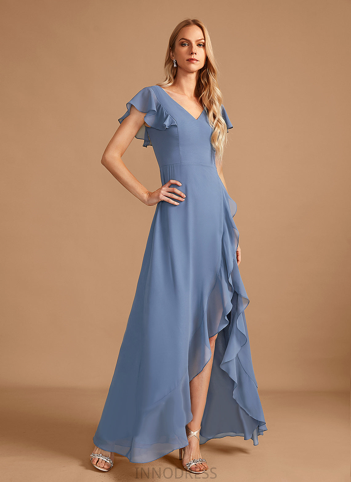 Ruffle Silhouette Neckline SplitFront Embellishment Fabric Length V-neck A-Line Asymmetrical Emilia V-Neck Bridesmaid Dresses