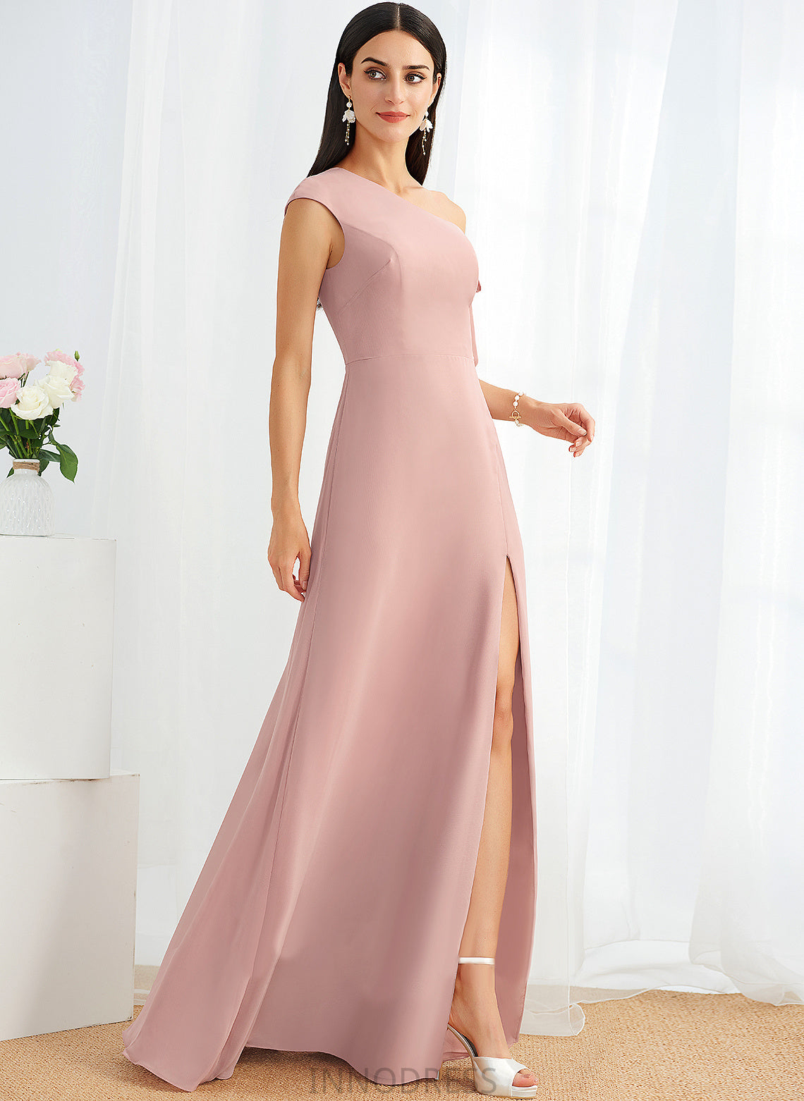 Length A-Line Floor-Length Silhouette Embellishment Bow(s) Neckline One-Shoulder Fabric Addisyn Natural Waist Floor Length Bridesmaid Dresses