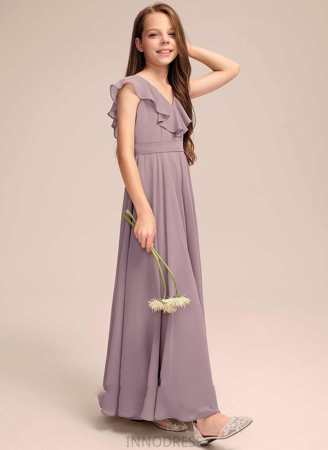 Selah Floor-Length Chiffon Junior Bridesmaid Dresses Cascading A-Line With Ruffles V-neck