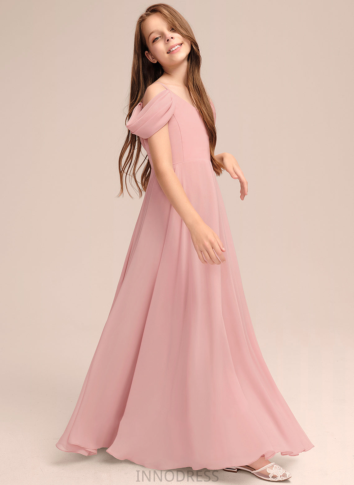 Chiffon Lesly Floor-Length V-neck Junior Bridesmaid Dresses A-Line Ruffle With