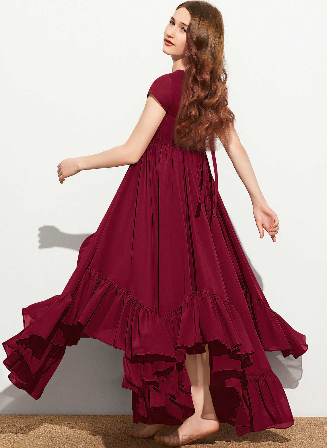 Floor-Length Shelby With Junior Bridesmaid Dresses Neck Lace Appliques Bow(s) A-Line Scoop Chiffon Ruffles Cascading