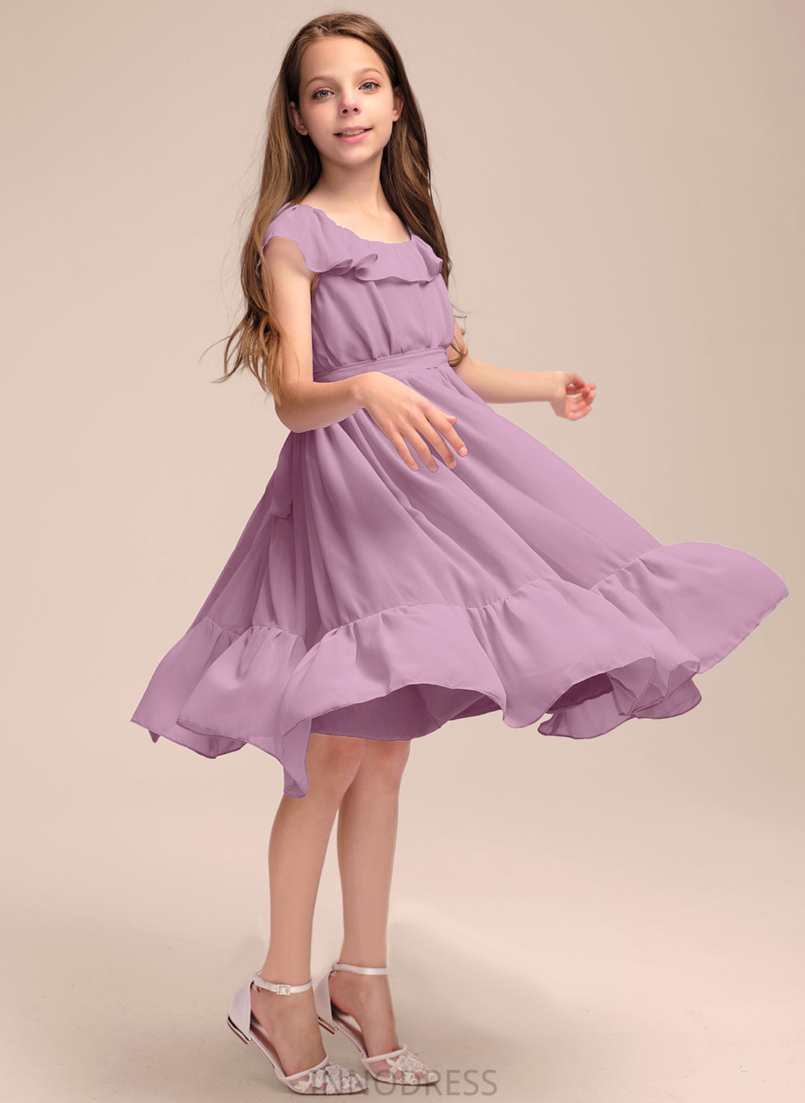 Bow(s) A-Line Ruffles Chiffon Cascading Knee-Length Xiomara Scoop Neck With Junior Bridesmaid Dresses