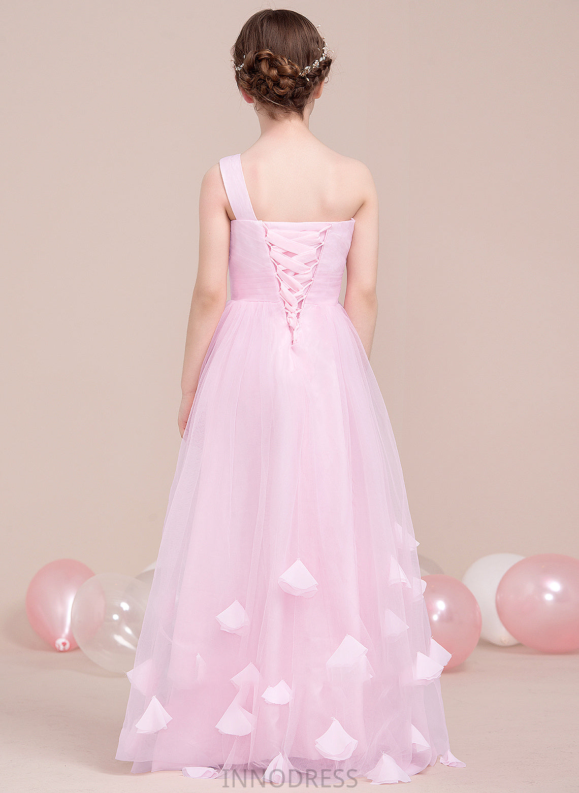 With Adelaide Ruffle Tulle One-Shoulder Floor-Length A-Line Flower(s) Junior Bridesmaid Dresses