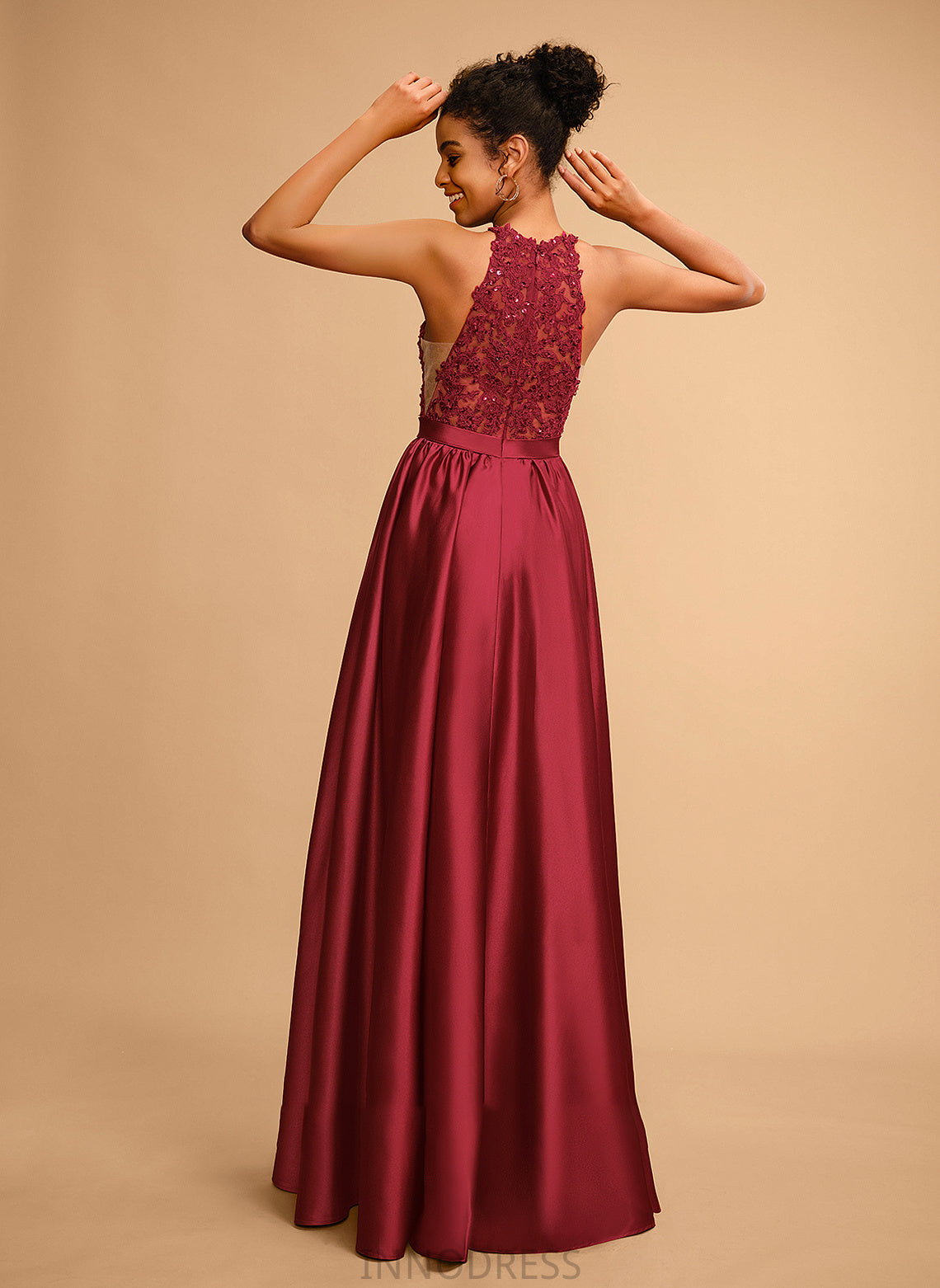 Ball-Gown/Princess Sequins With Halter Satin Floor-Length Nia Prom Dresses