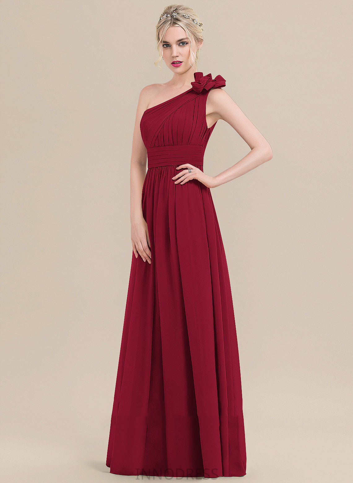 Fabric Silhouette Neckline A-Line Length Flower(s) Pleated Embellishment One-Shoulder Floor-Length Liliana V-Neck Bridesmaid Dresses