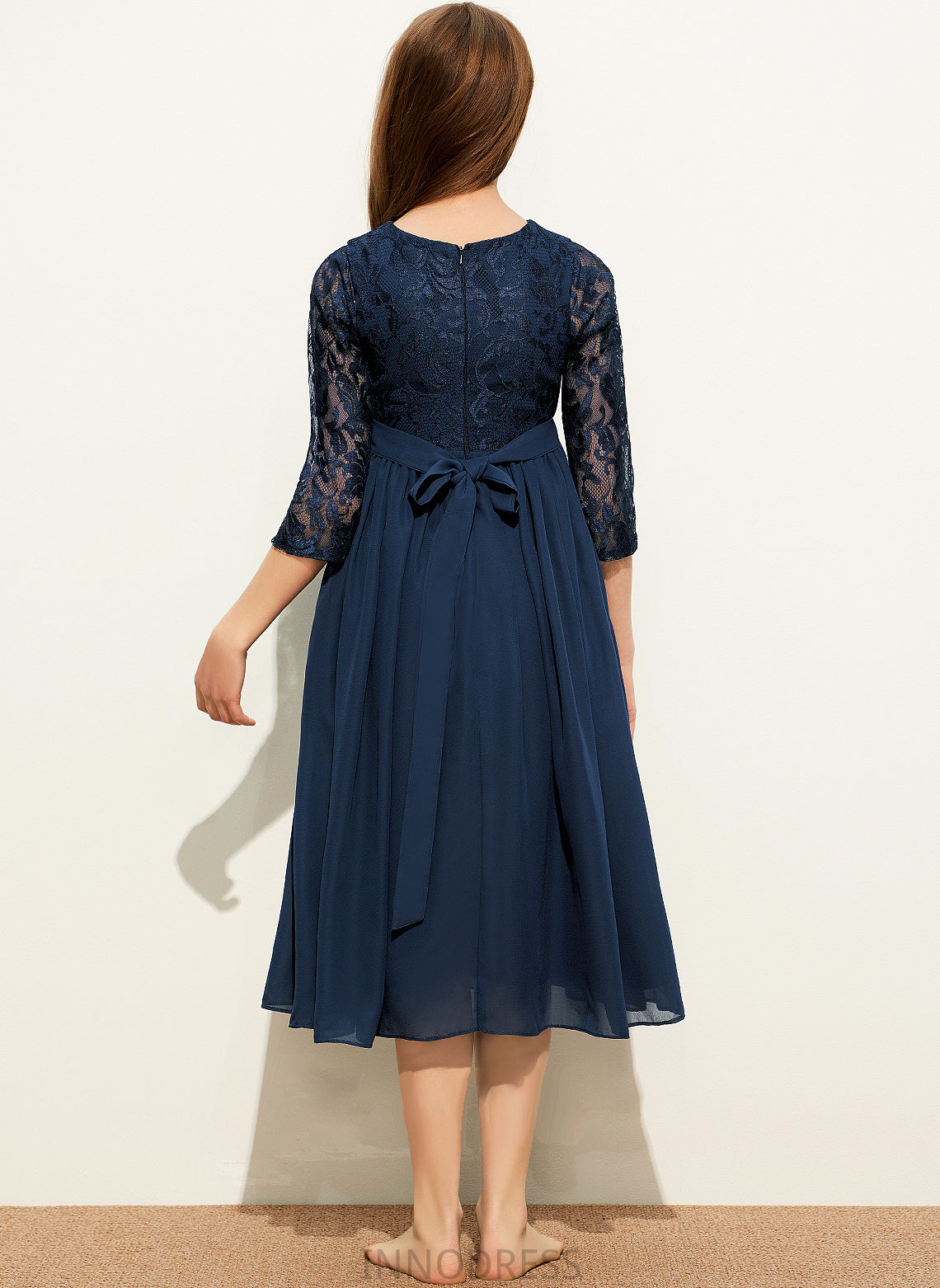 Scoop Lace Dominique Tea-Length Neck A-Line Chiffon Junior Bridesmaid Dresses