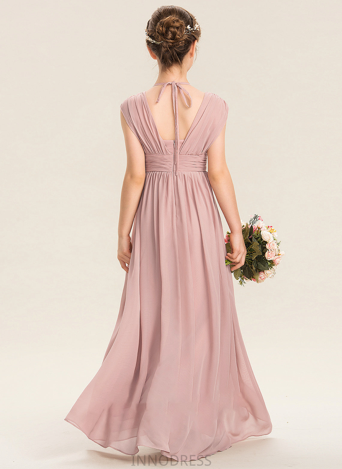 Ruffle V-neck A-Line With Floor-Length Amina Chiffon Bow(s) Junior Bridesmaid Dresses