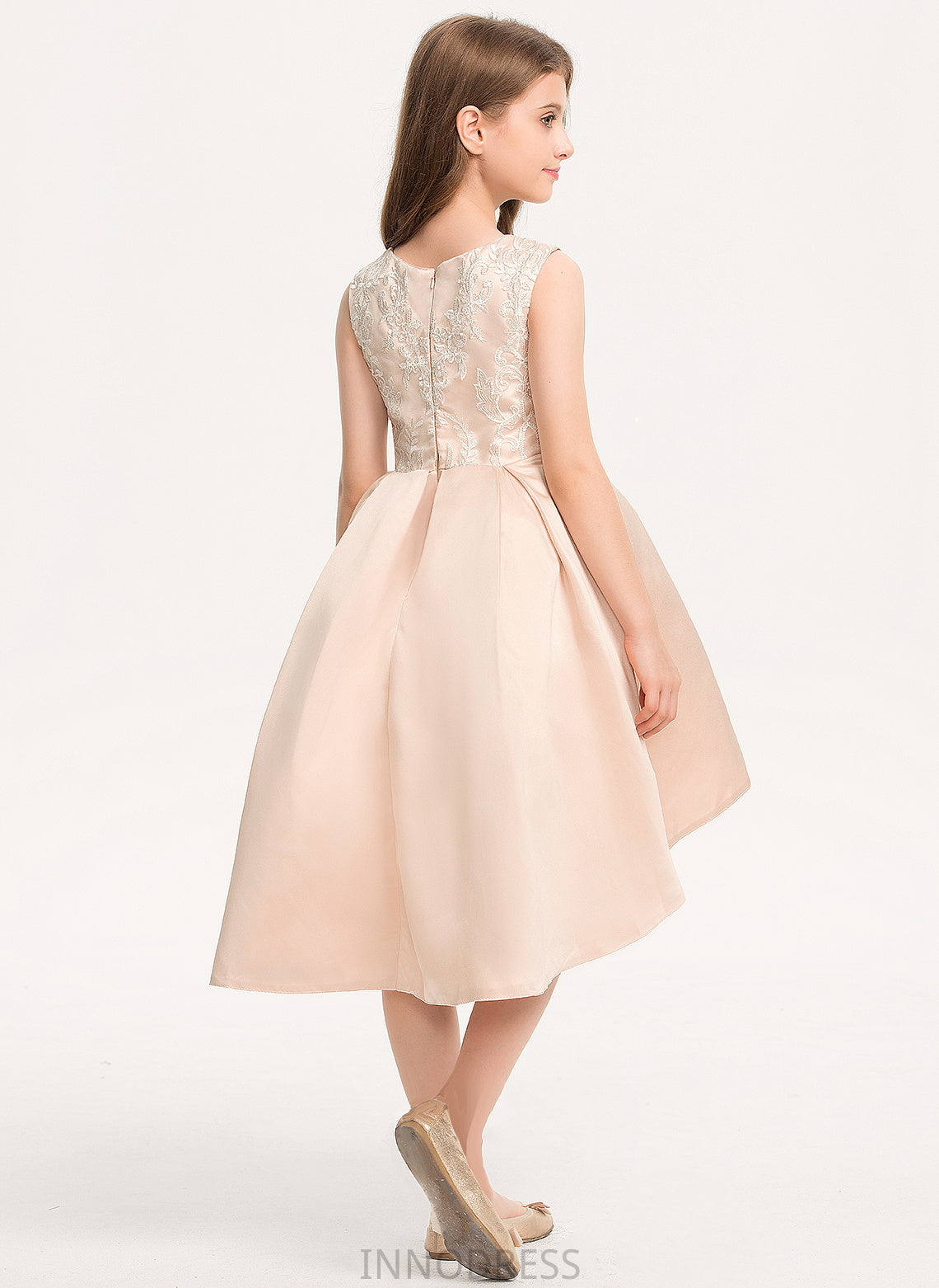 Neck Asymmetrical A-Line Satin Pockets With Stacy Junior Bridesmaid Dresses Scoop Lace Beading