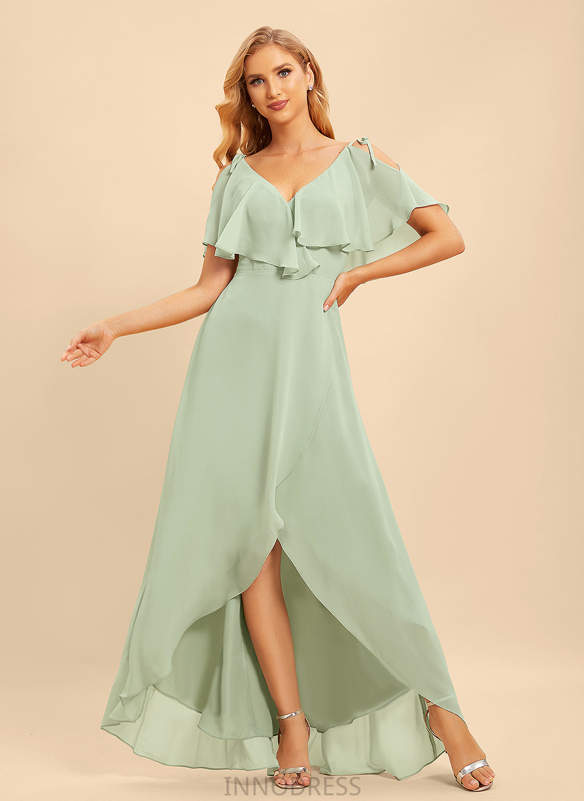 Neckline Silhouette Ruffle Fabric Length Asymmetrical A-Line Embellishment V-neck Karley Scoop Natural Waist Bridesmaid Dresses