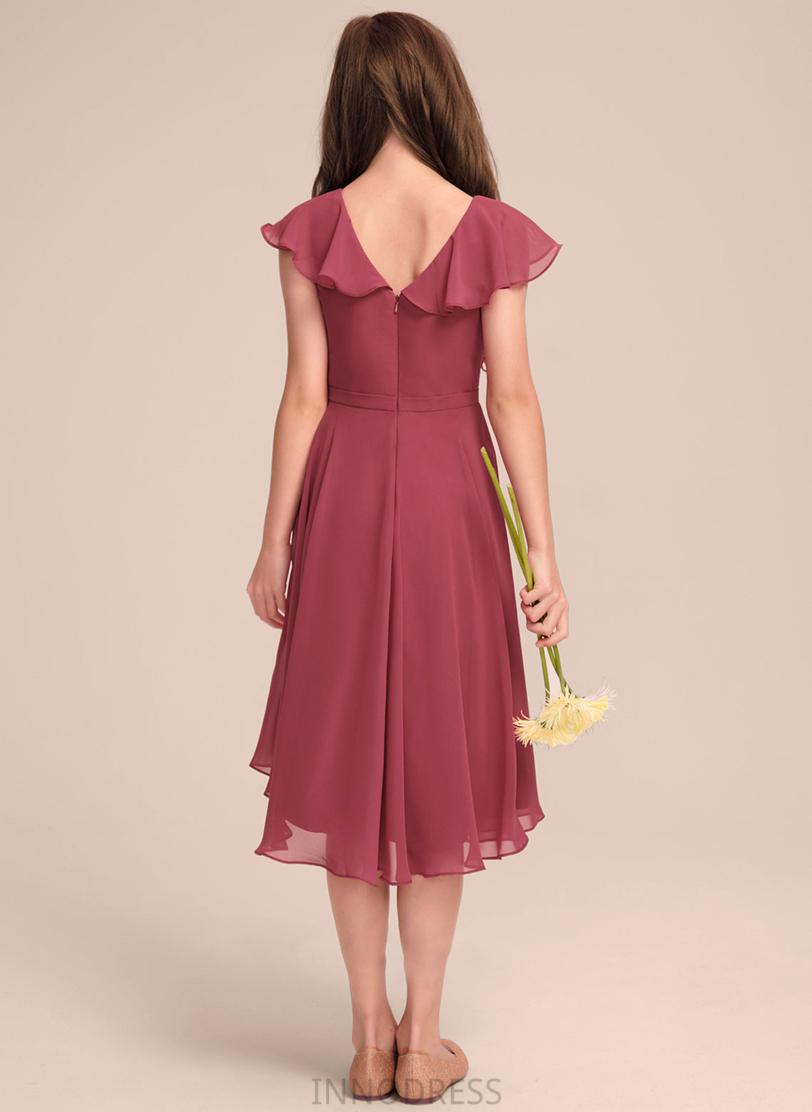 Cascading V-neck Chiffon April Ruffles Junior Bridesmaid Dresses With A-Line Asymmetrical